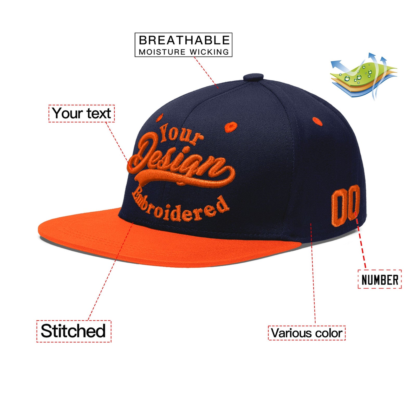 Custom Navy Orange 3D Puff Embroidery Flat Embroidery Casual Sport Baseball Cap