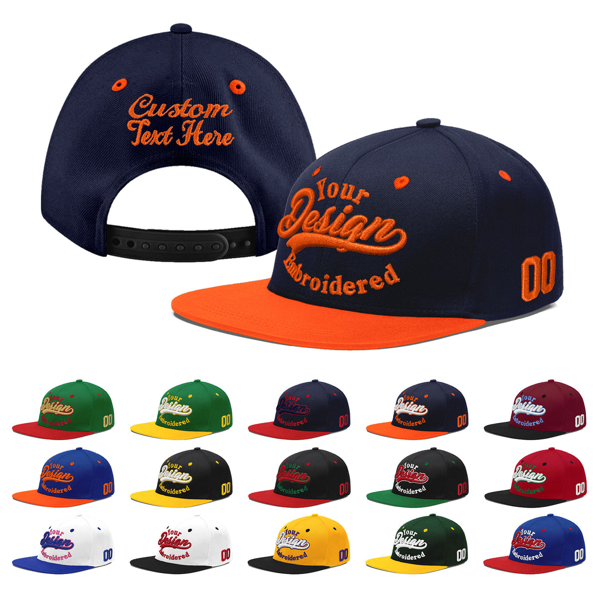 Custom Navy Orange 3D Puff Embroidery Flat Embroidery Casual Sport Baseball Cap