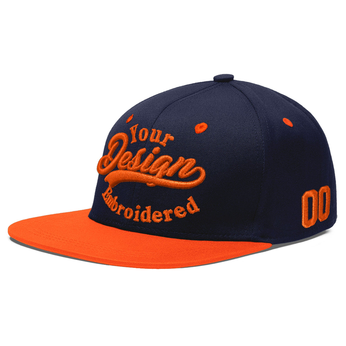 Custom Navy Orange 3D Puff Embroidery Flat Embroidery Casual Sport Baseball Cap