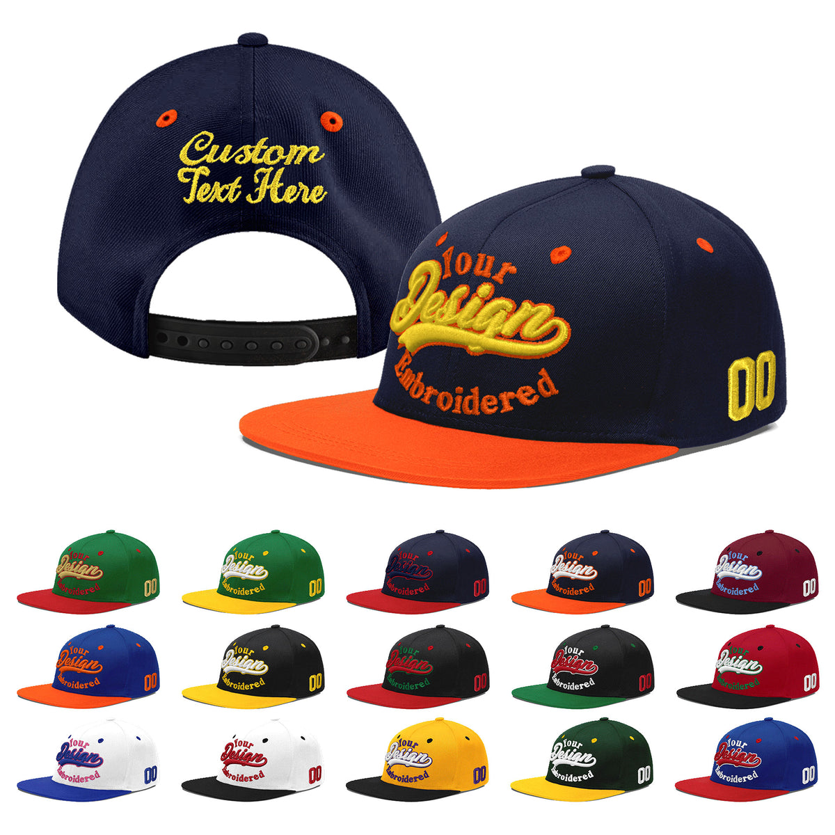 Custom Navy Orange 3D Puff Embroidery Flat Embroidery Casual Sport Baseball Cap
