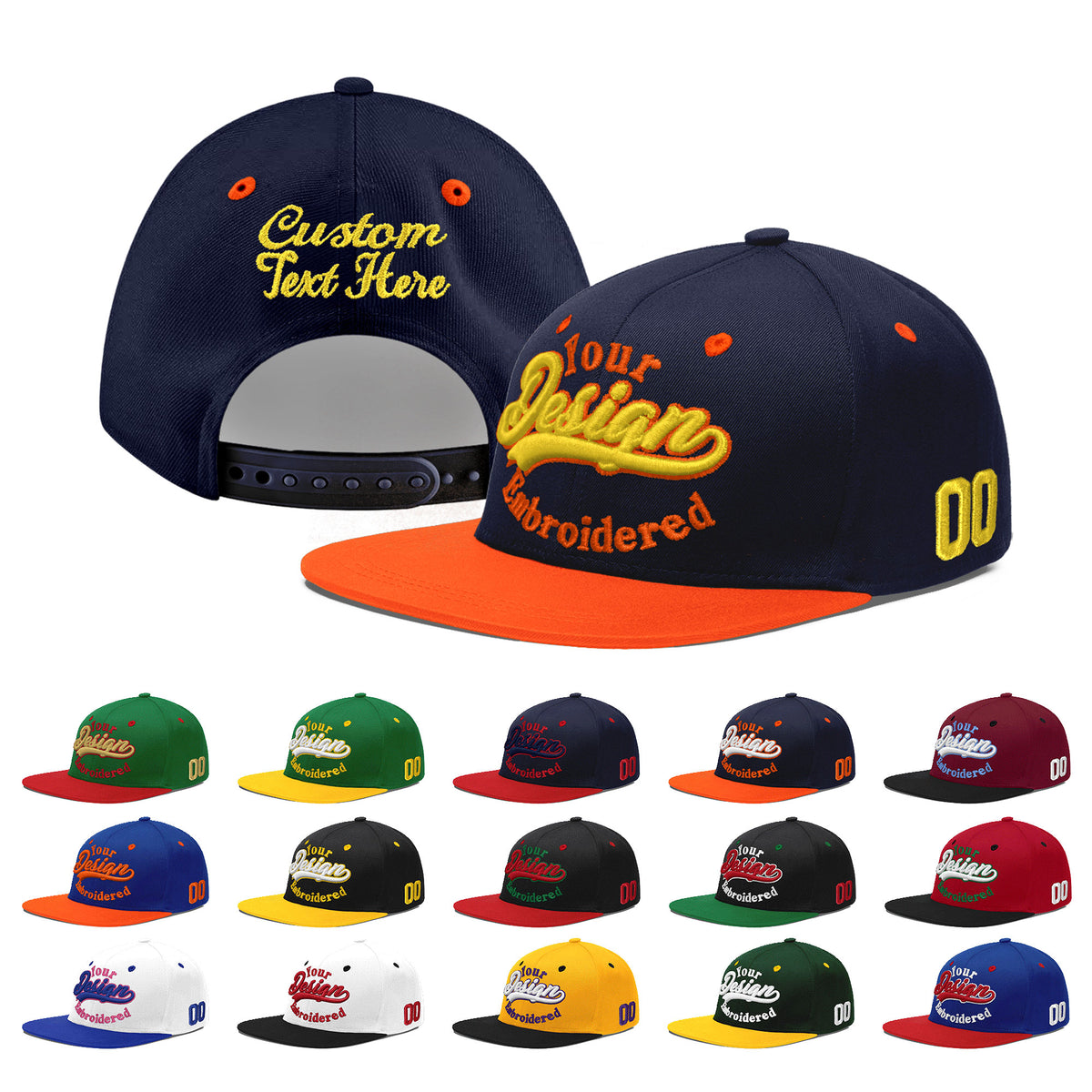 Custom Navy Orange 3D Puff Embroidery Flat Embroidery Casual Sport Baseball Cap