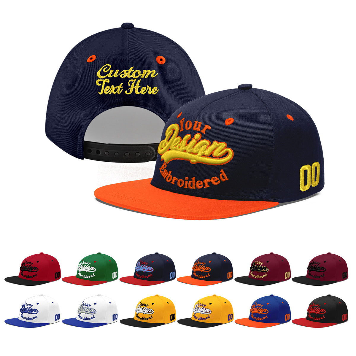 Custom Navy Orange 3D Puff Embroidery Flat Embroidery Casual Sport Baseball Cap