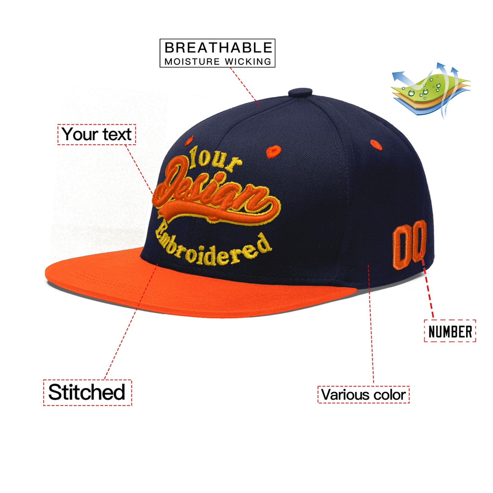 Custom Navy Orange 3D Puff Embroidery Flat Embroidery Casual Sport Baseball Cap