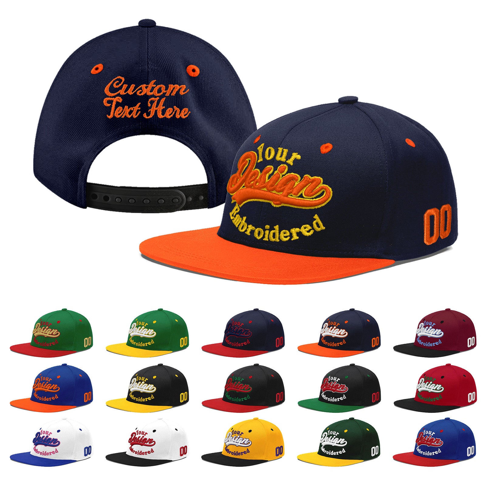 Custom Navy Orange 3D Puff Embroidery Flat Embroidery Casual Sport Baseball Cap