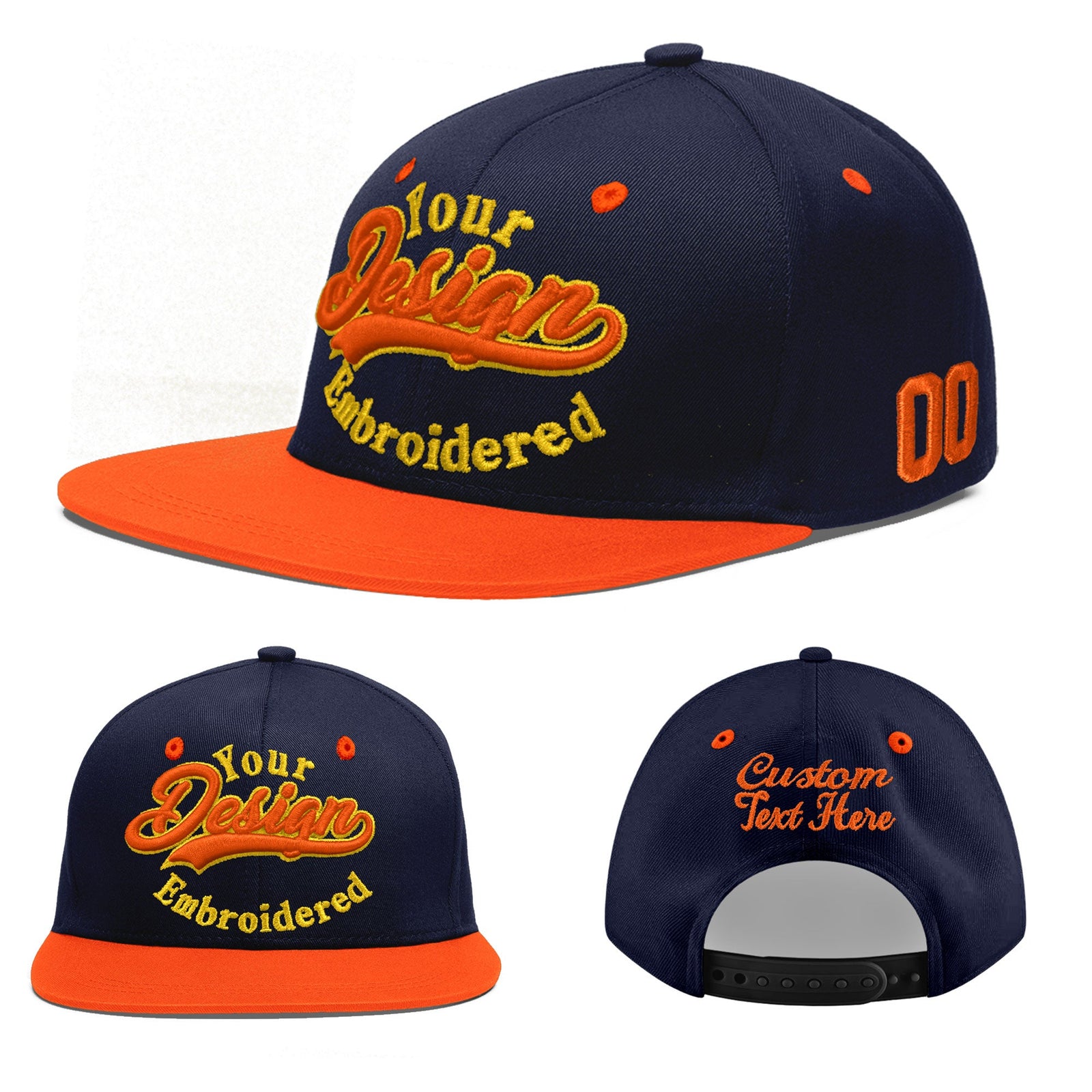 Custom Navy Orange 3D Puff Embroidery Flat Embroidery Casual Sport Baseball Cap