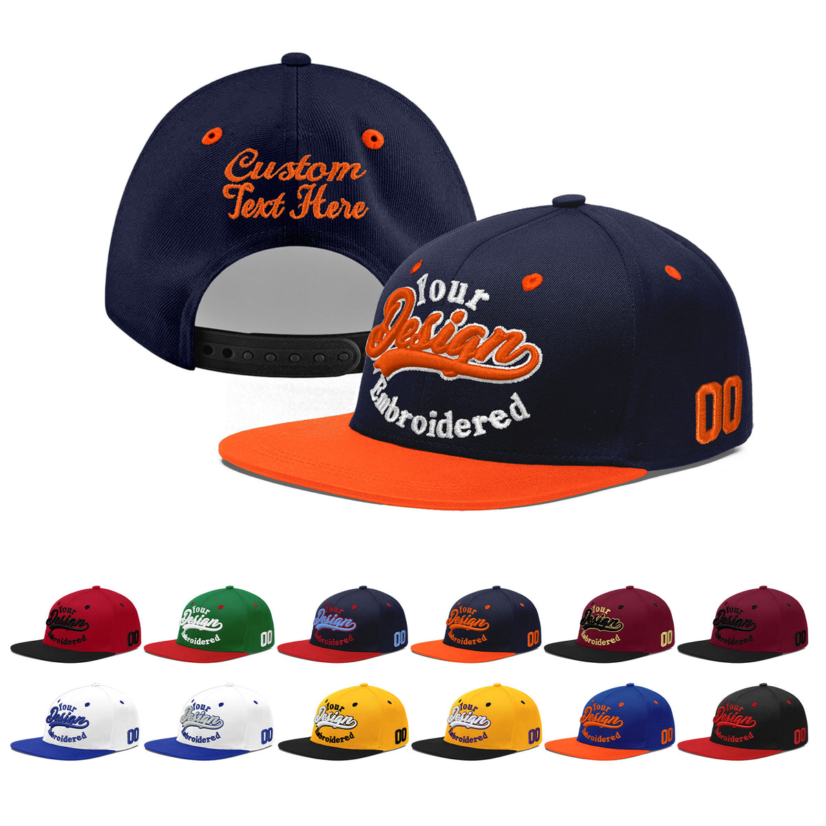 Custom Navy Orange 3D Puff Embroidery Flat Embroidery Casual Sport Baseball Cap