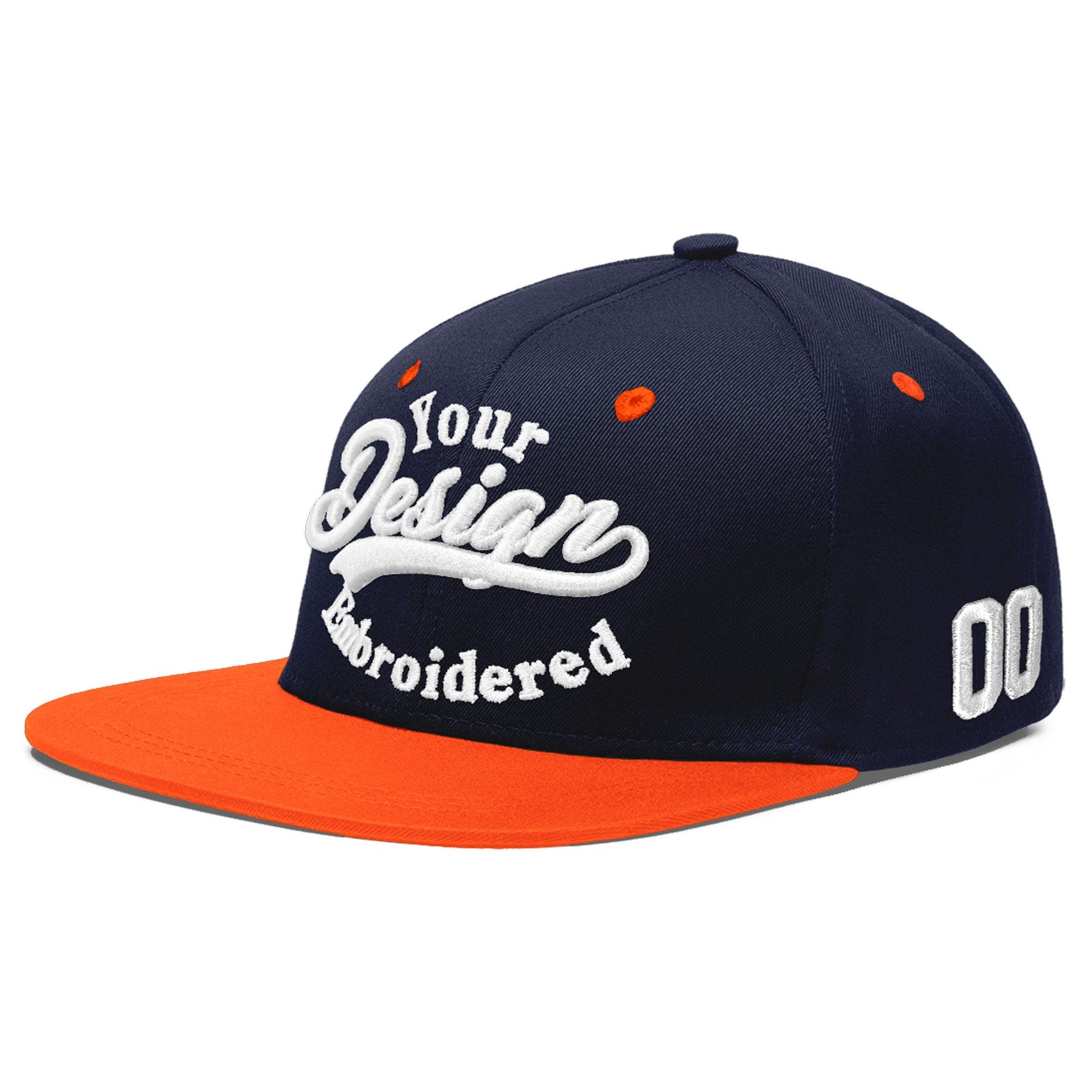 Custom Navy Orange 3D Puff Embroidery Flat Embroidery Casual Sport Baseball Cap