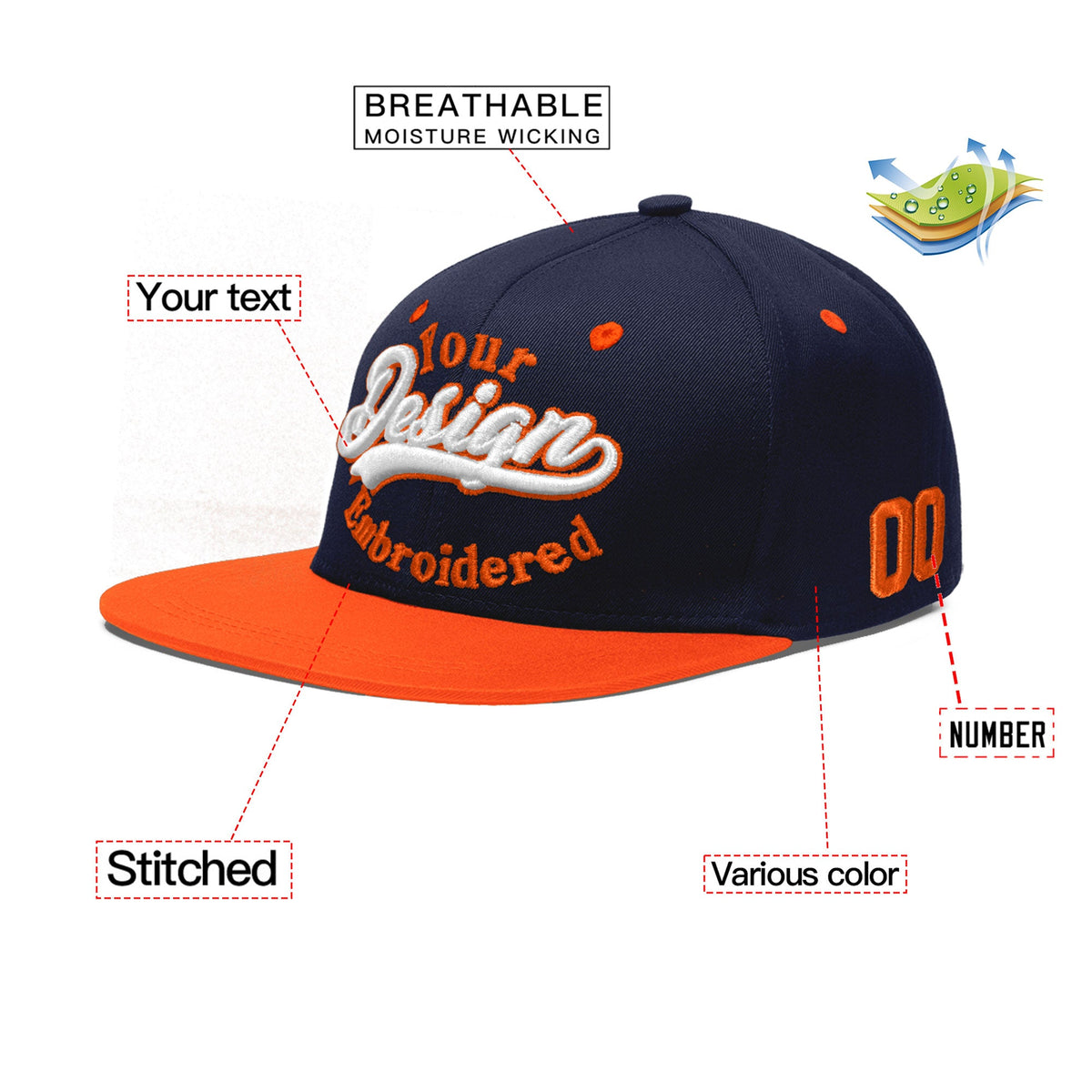 Custom Navy Orange 3D Puff Embroidery Flat Embroidery Casual Sport Baseball Cap