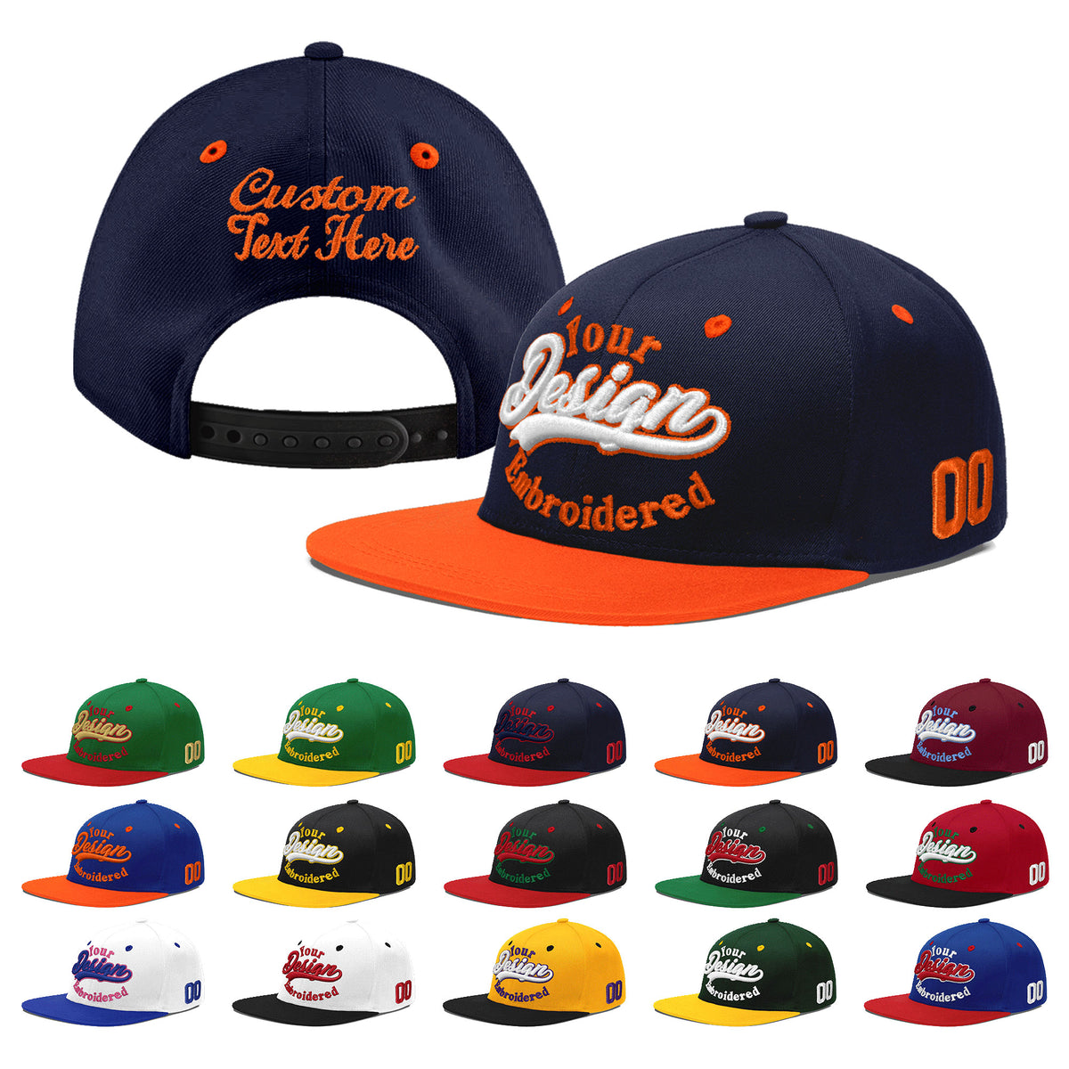 Custom Navy Orange 3D Puff Embroidery Flat Embroidery Casual Sport Baseball Cap