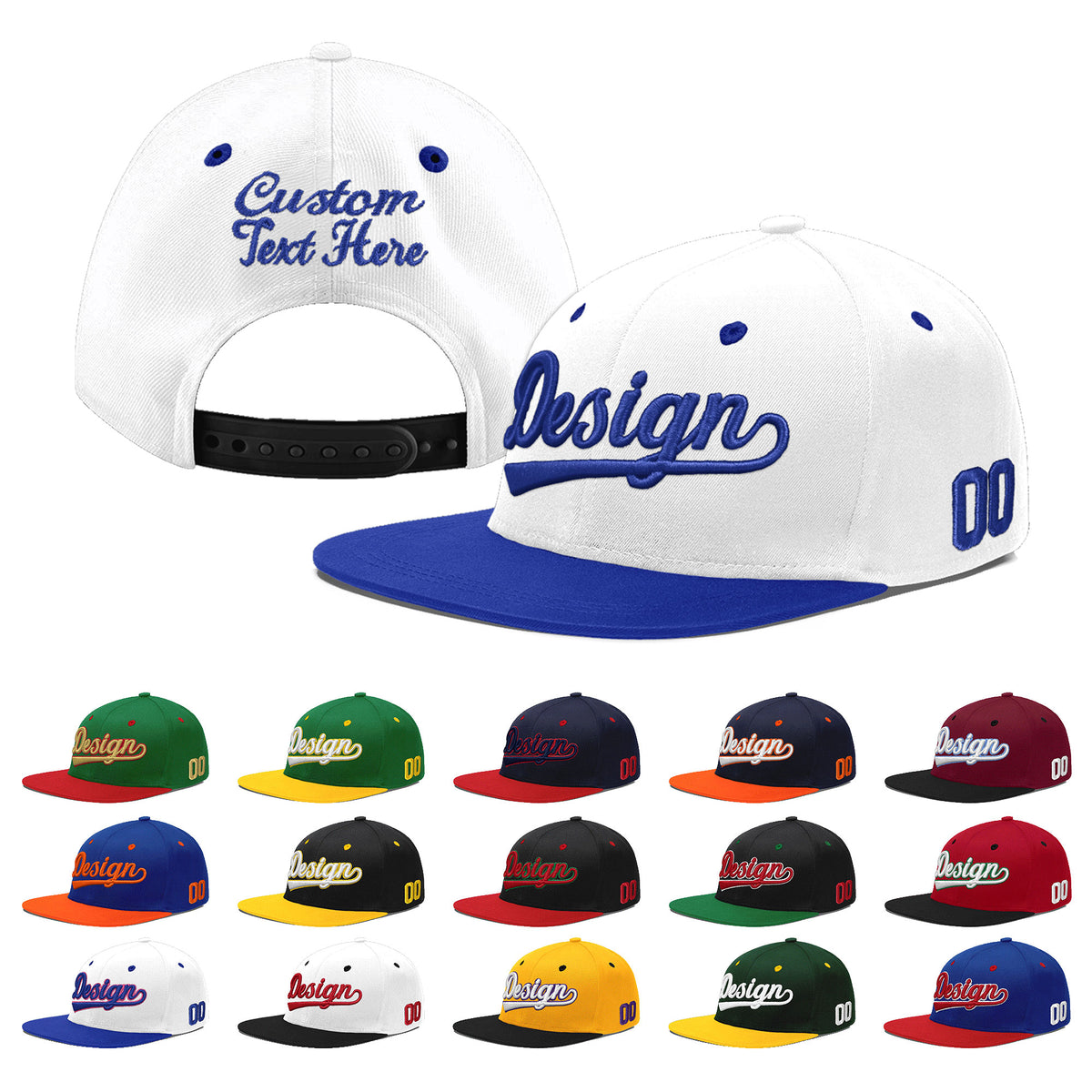 Custom White Royal Blue 3D Puff Embroidery Flat Embroidery Casual Sport Baseball Cap