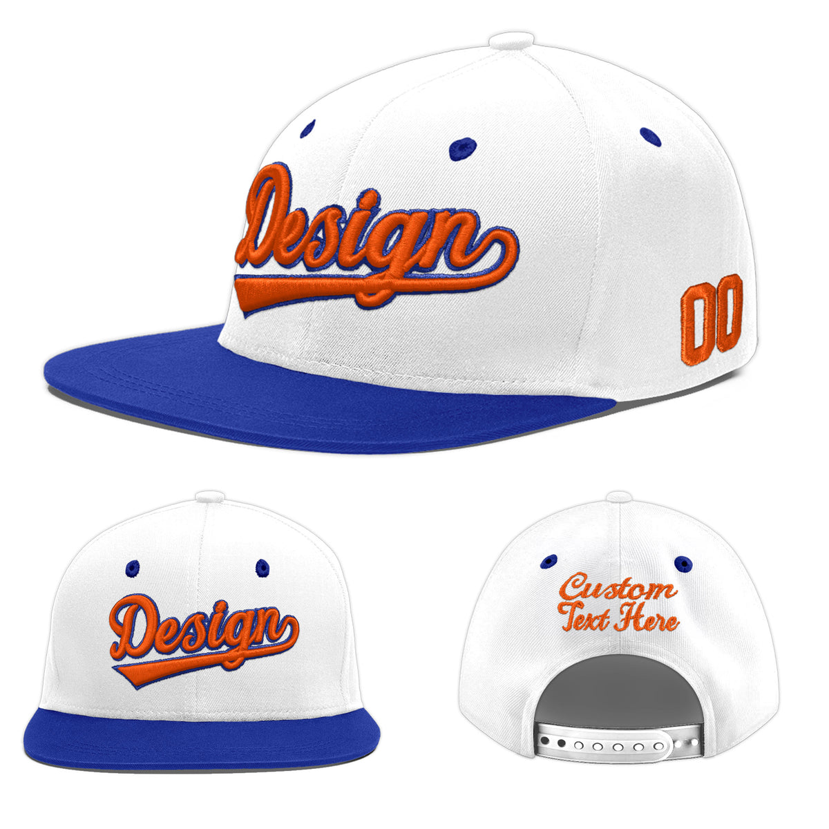Custom White Royal Blue 3D Puff Embroidery Flat Embroidery Casual Sport Baseball Cap