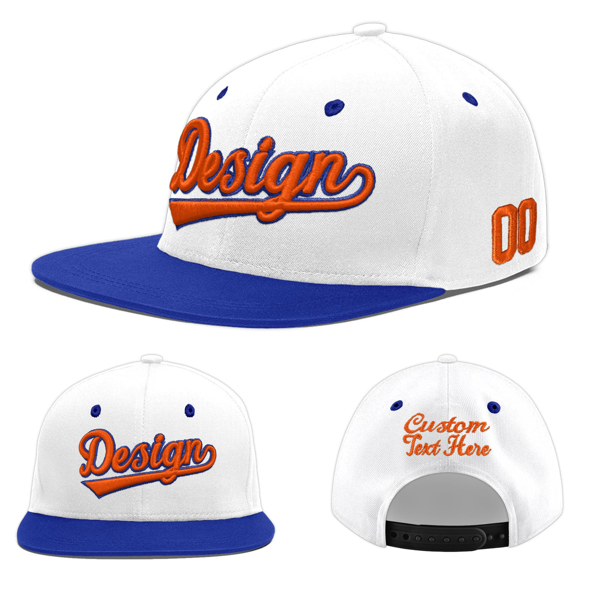 Custom White Royal Blue 3D Puff Embroidery Flat Embroidery Casual Sport Baseball Cap