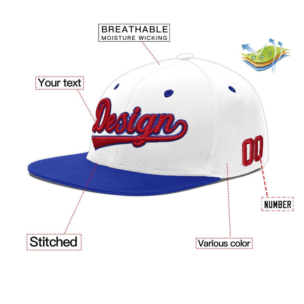 Custom White Royal Blue 3D Puff Embroidery Flat Embroidery Casual Sport Baseball Cap