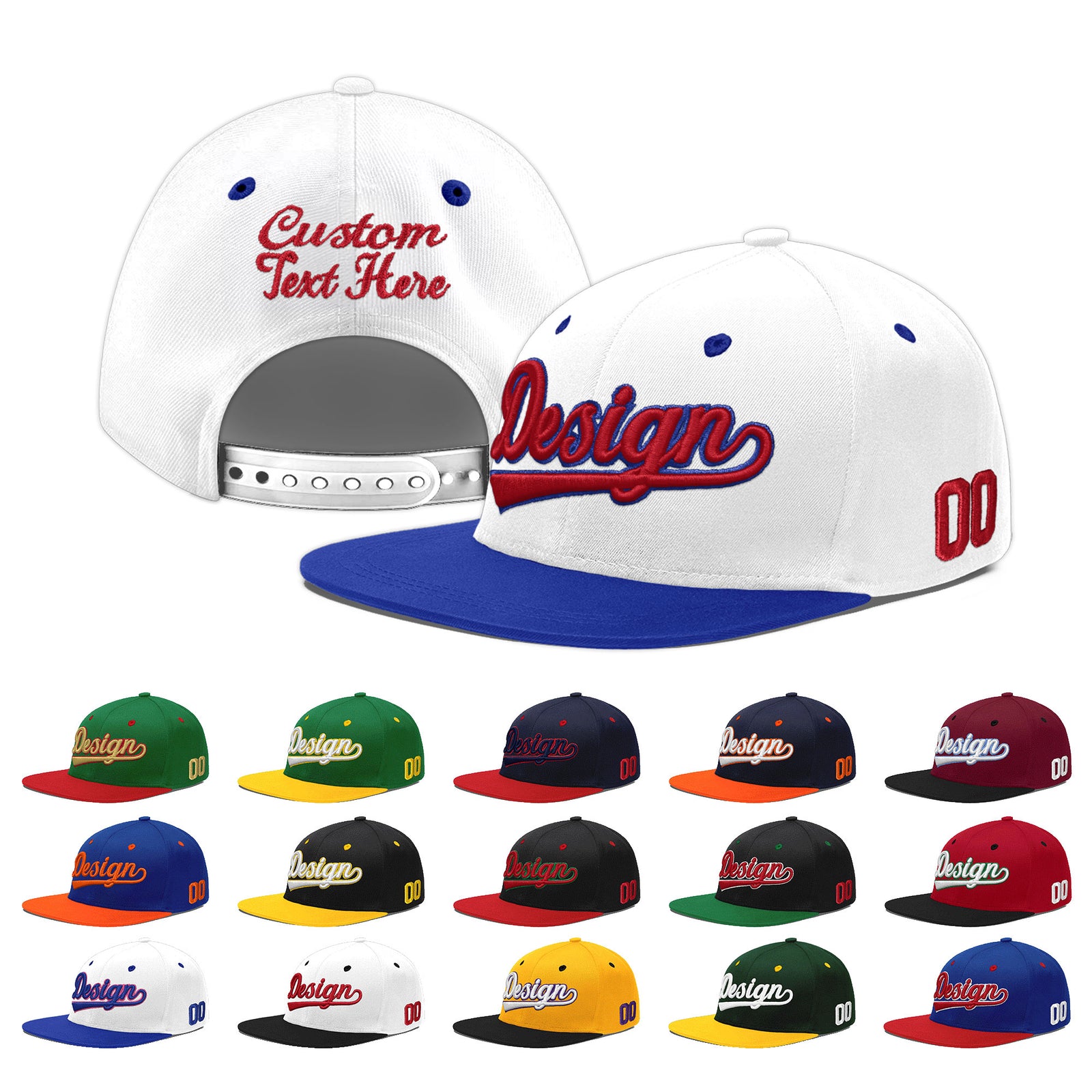 Custom White Royal Blue 3D Puff Embroidery Flat Embroidery Casual Sport Baseball Cap