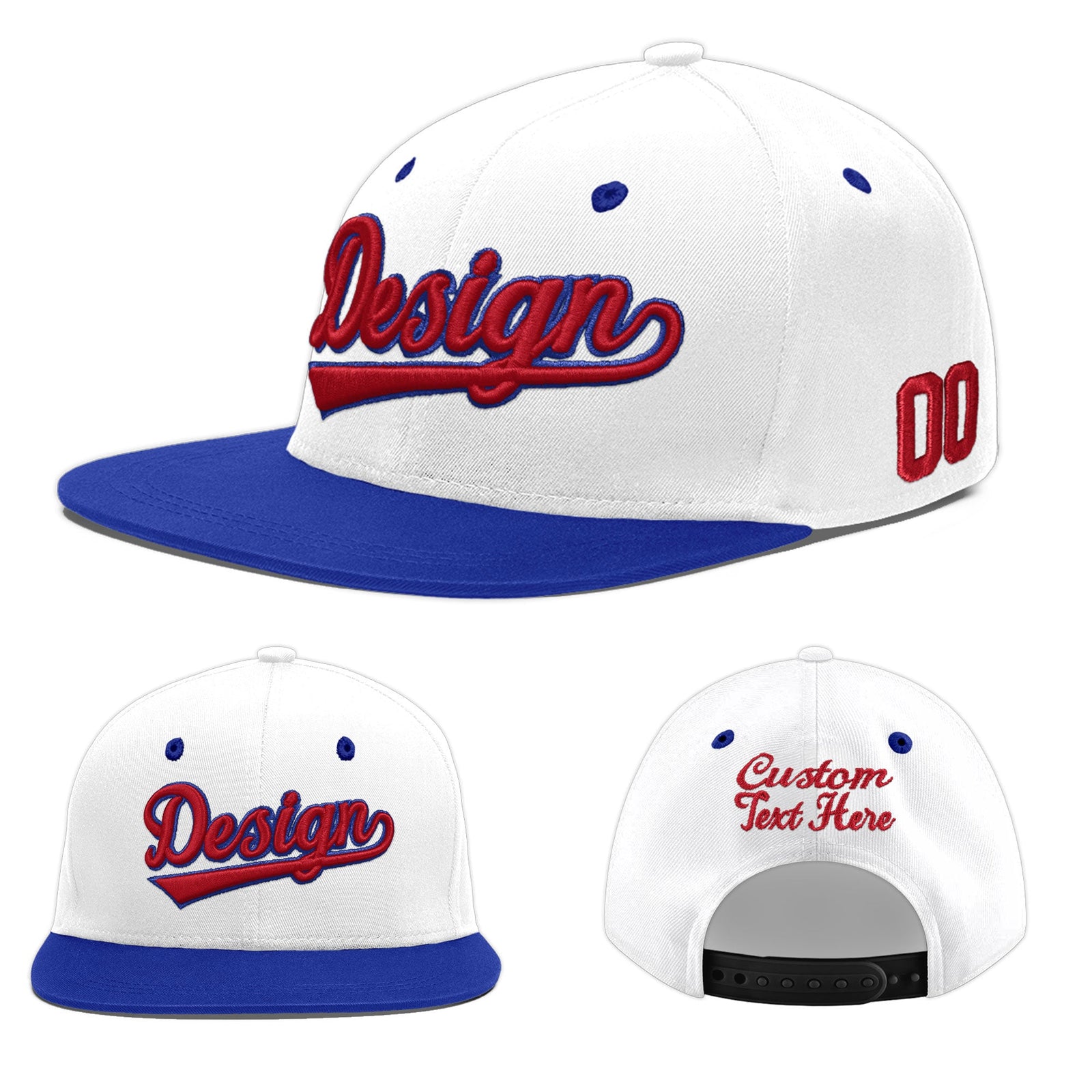 Custom White Royal Blue 3D Puff Embroidery Flat Embroidery Casual Sport Baseball Cap