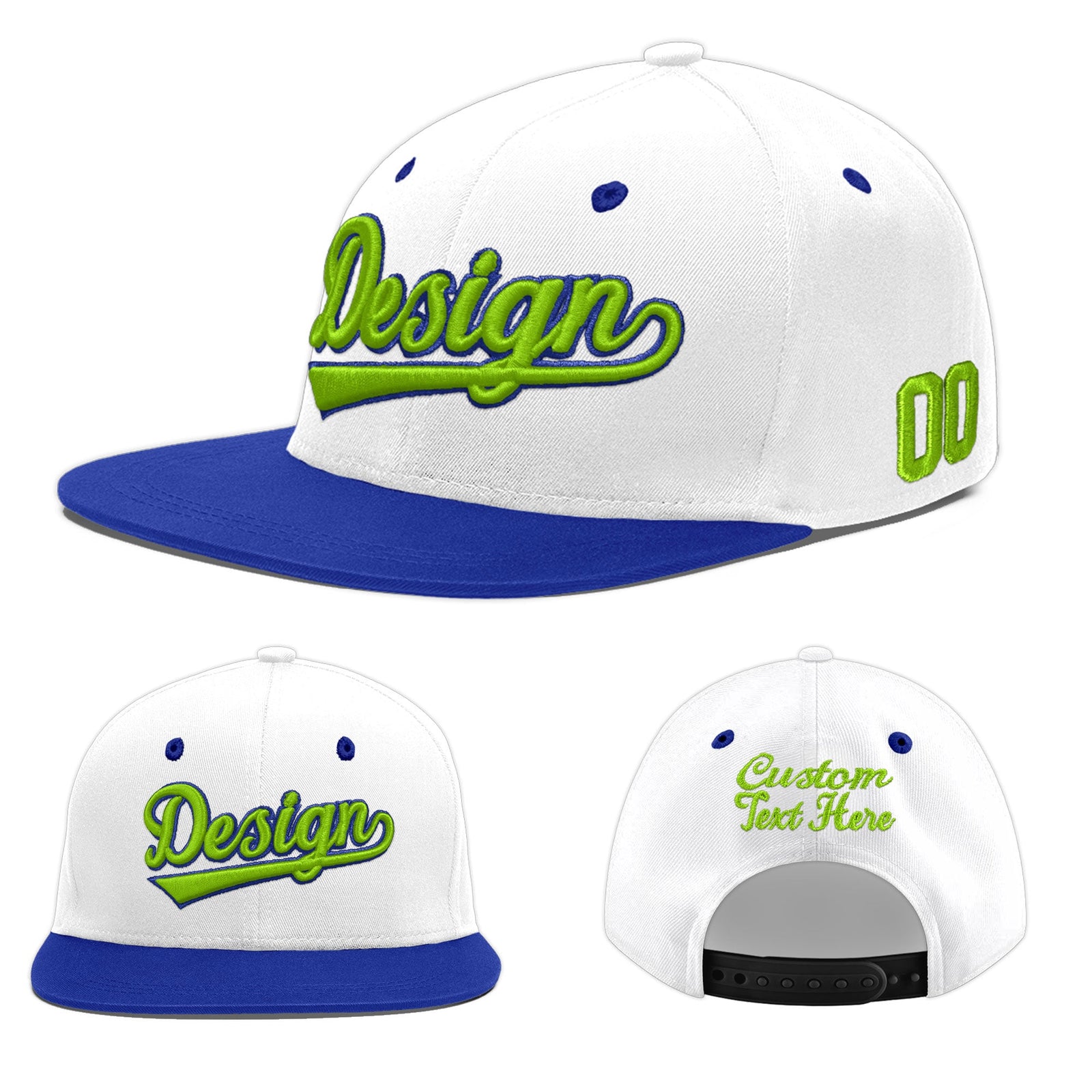 Custom White Royal Blue 3D Puff Embroidery Flat Embroidery Casual Sport Baseball Cap