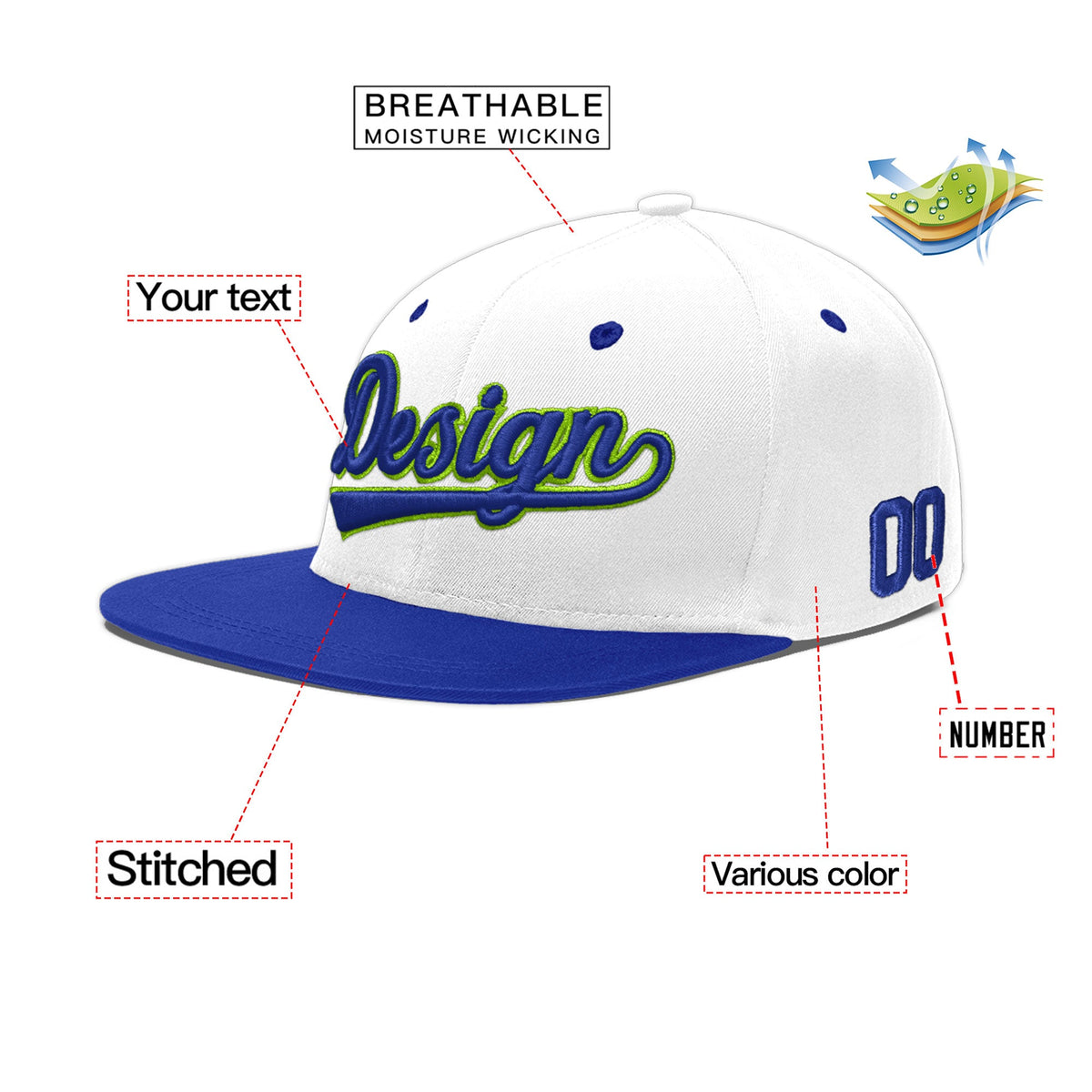 Custom White Royal Blue 125D Puff Embroidery Flat Embroidery Casual Sport Baseball Cap