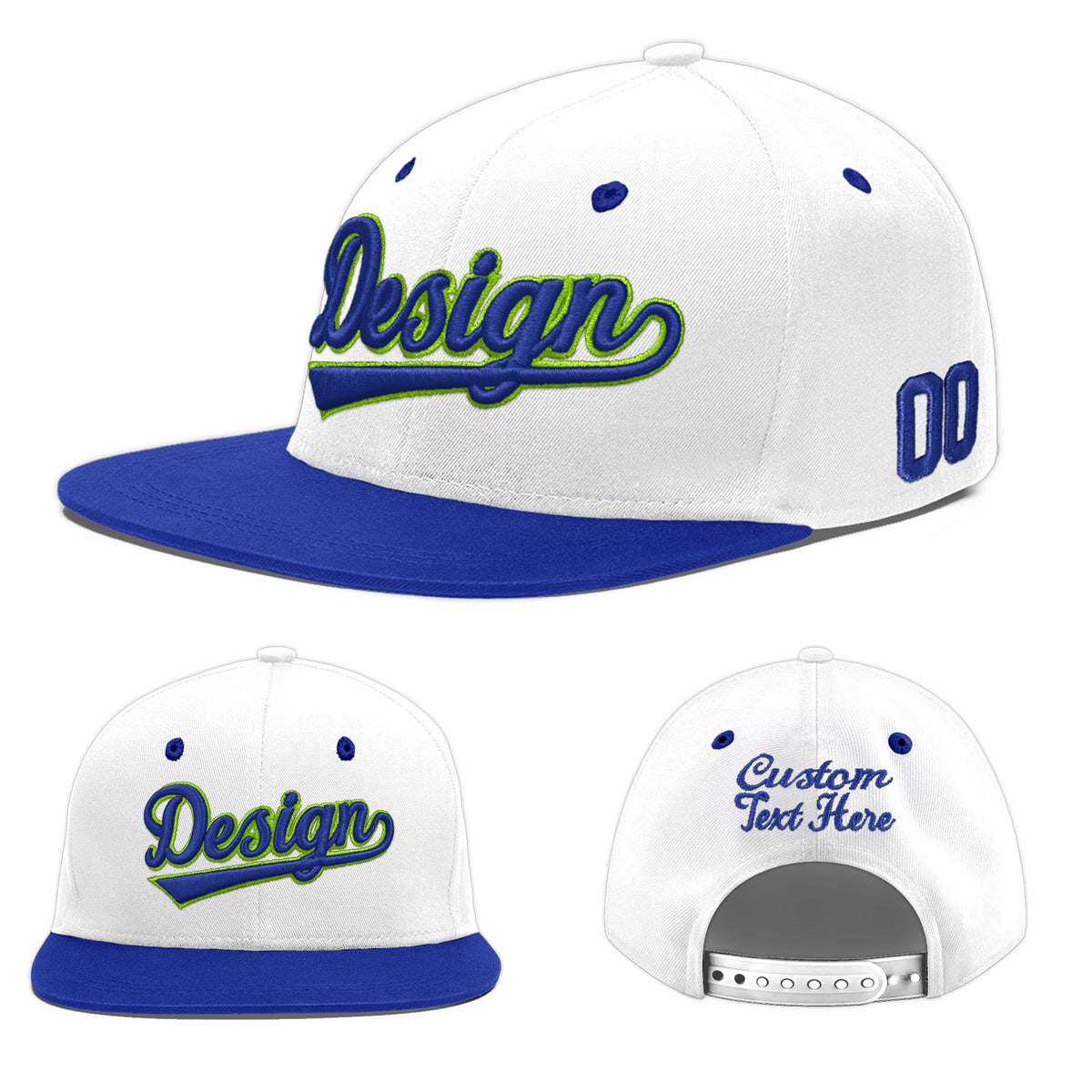 Custom White Royal Blue 124D Puff Embroidery Flat Embroidery Casual Sport Baseball Cap