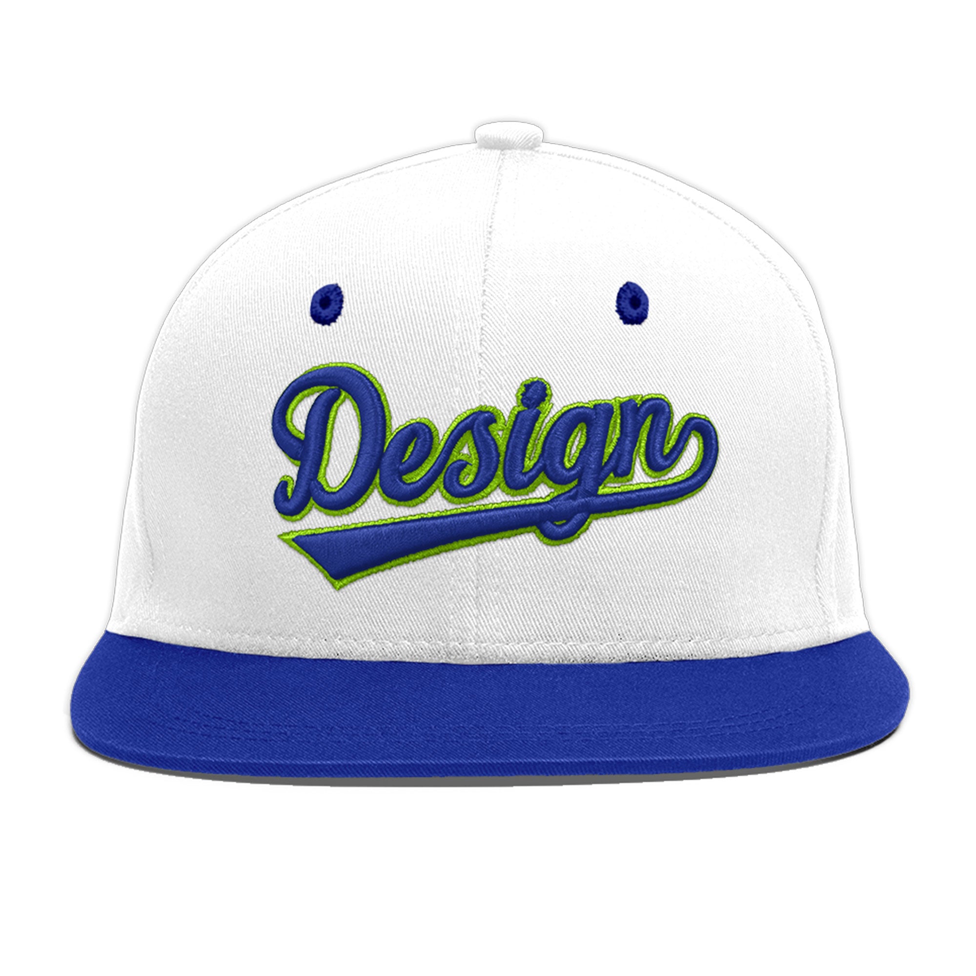 Custom White Royal Blue 128D Puff Embroidery Flat Embroidery Casual Sport Baseball Cap