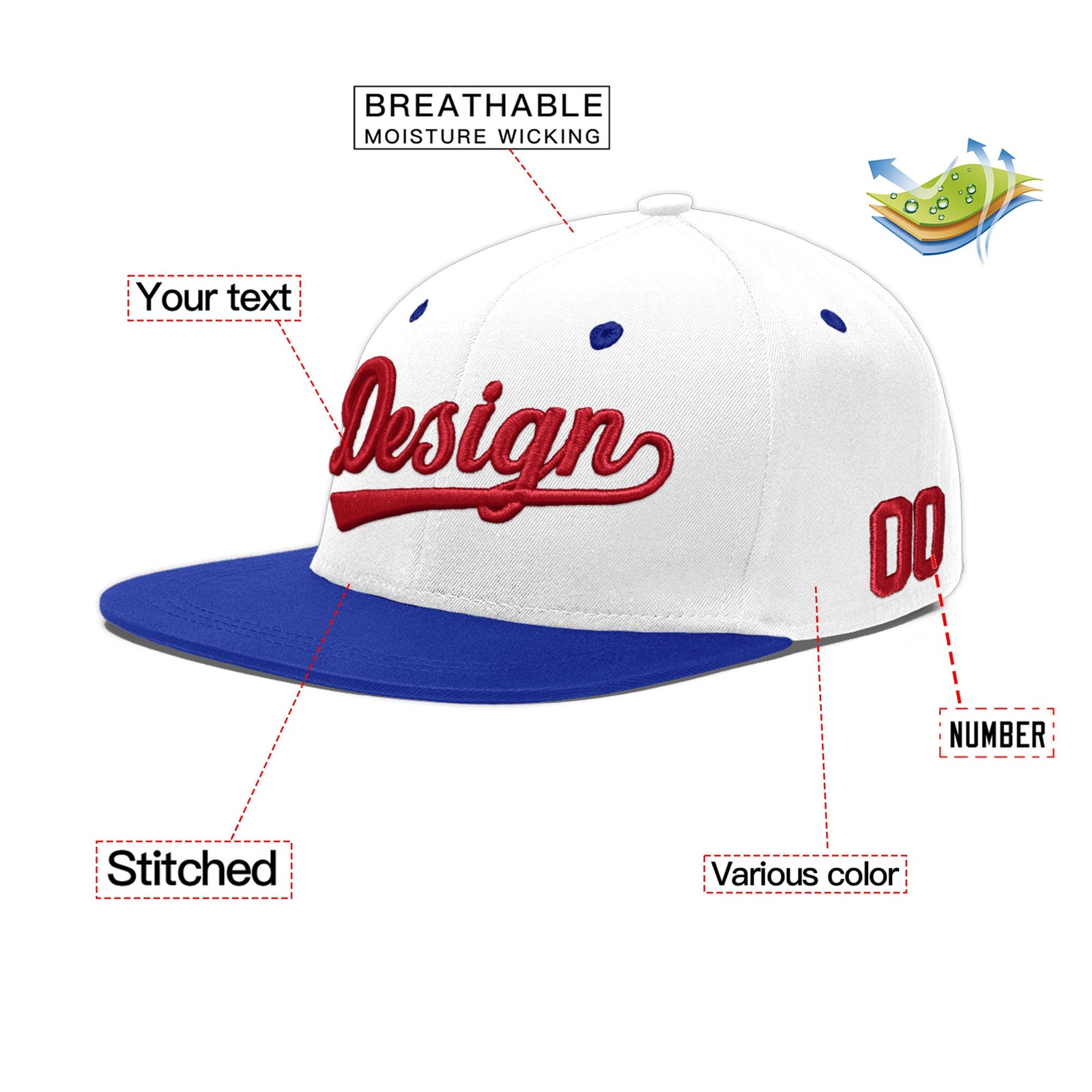Custom White Royal Blue 133D Puff Embroidery Flat Embroidery Casual Sport Baseball Cap