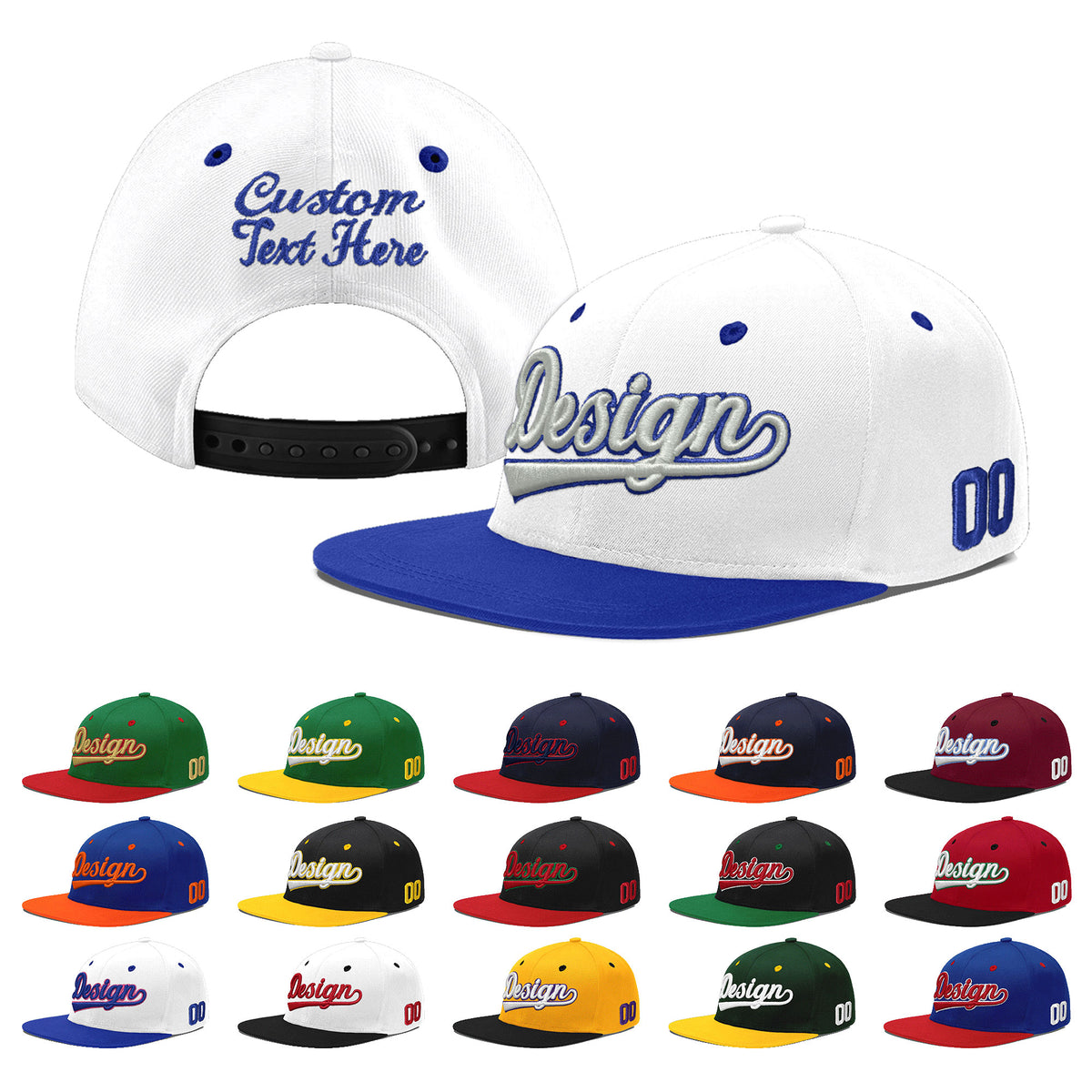 Custom White Royal Blue 139D Puff Embroidery Flat Embroidery Casual Sport Baseball Cap