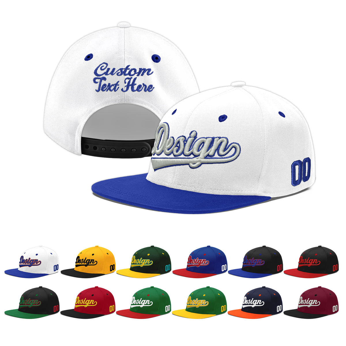 Custom White Royal Blue 139D Puff Embroidery Flat Embroidery Casual Sport Baseball Cap