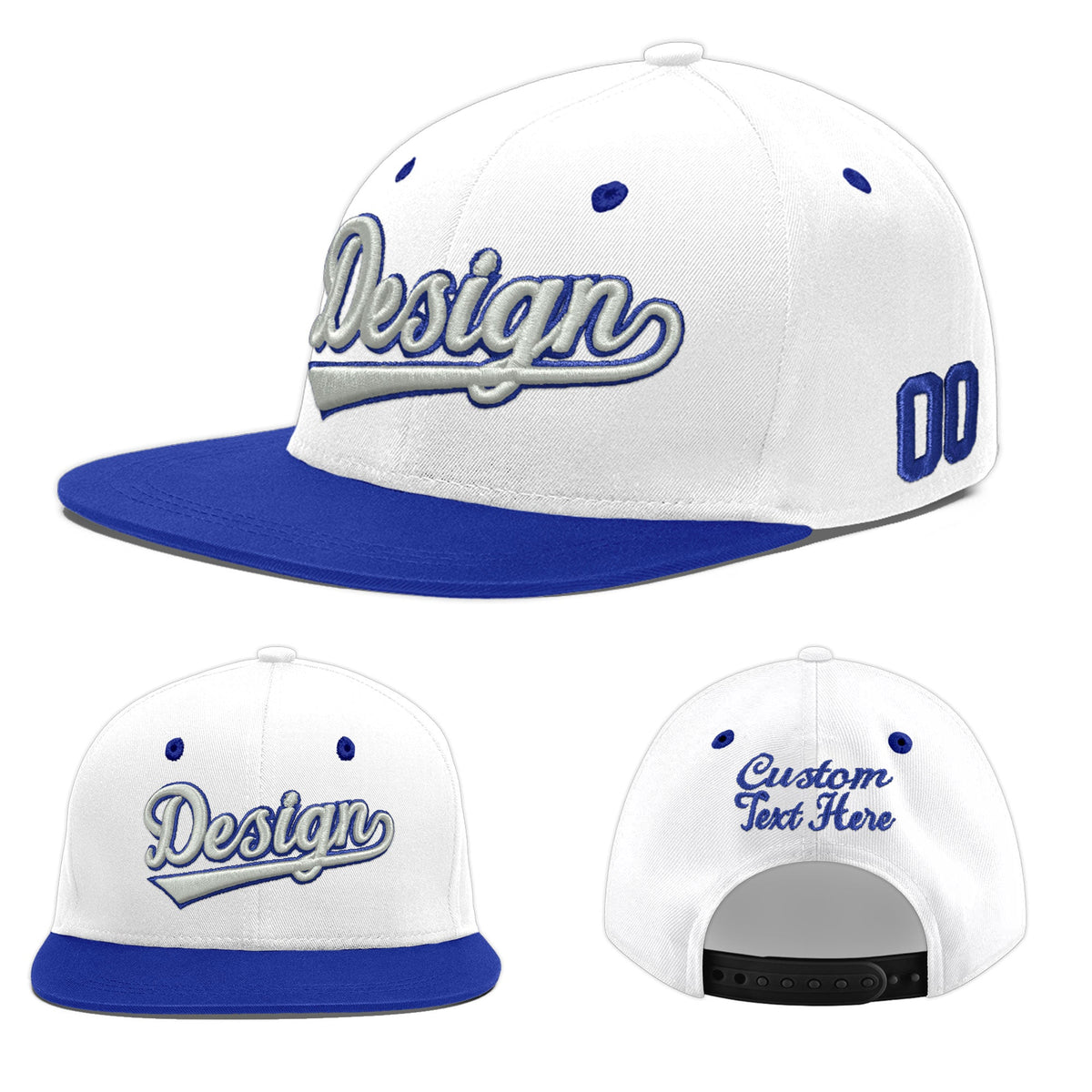 Custom White Royal Blue 140D Puff Embroidery Flat Embroidery Casual Sport Baseball Cap