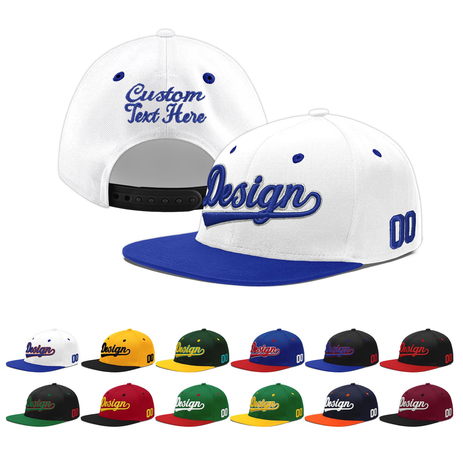 Custom White Royal Blue 147D Puff Embroidery Flat Embroidery Casual Sport Baseball Cap