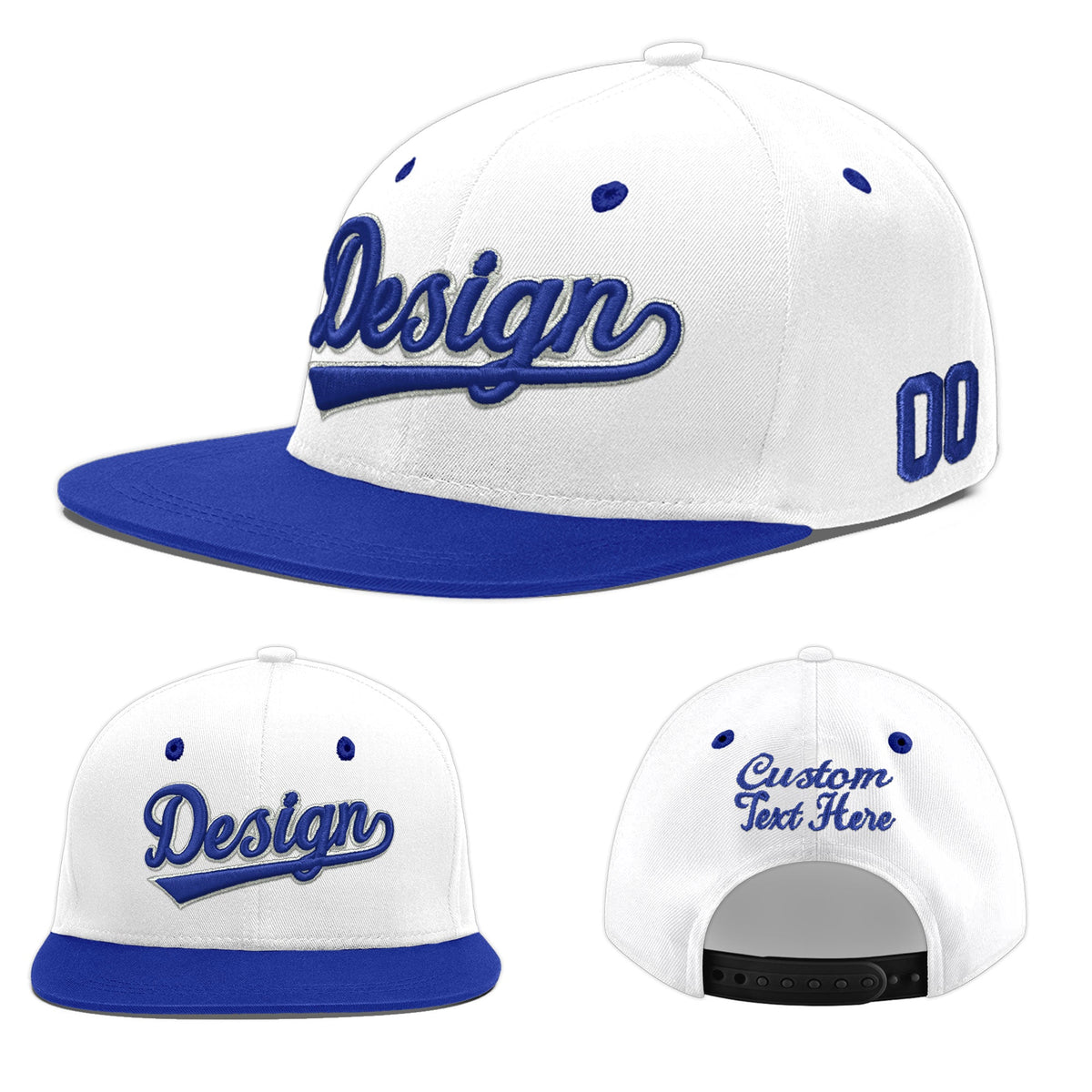 Custom White Royal Blue 148D Puff Embroidery Flat Embroidery Casual Sport Baseball Cap