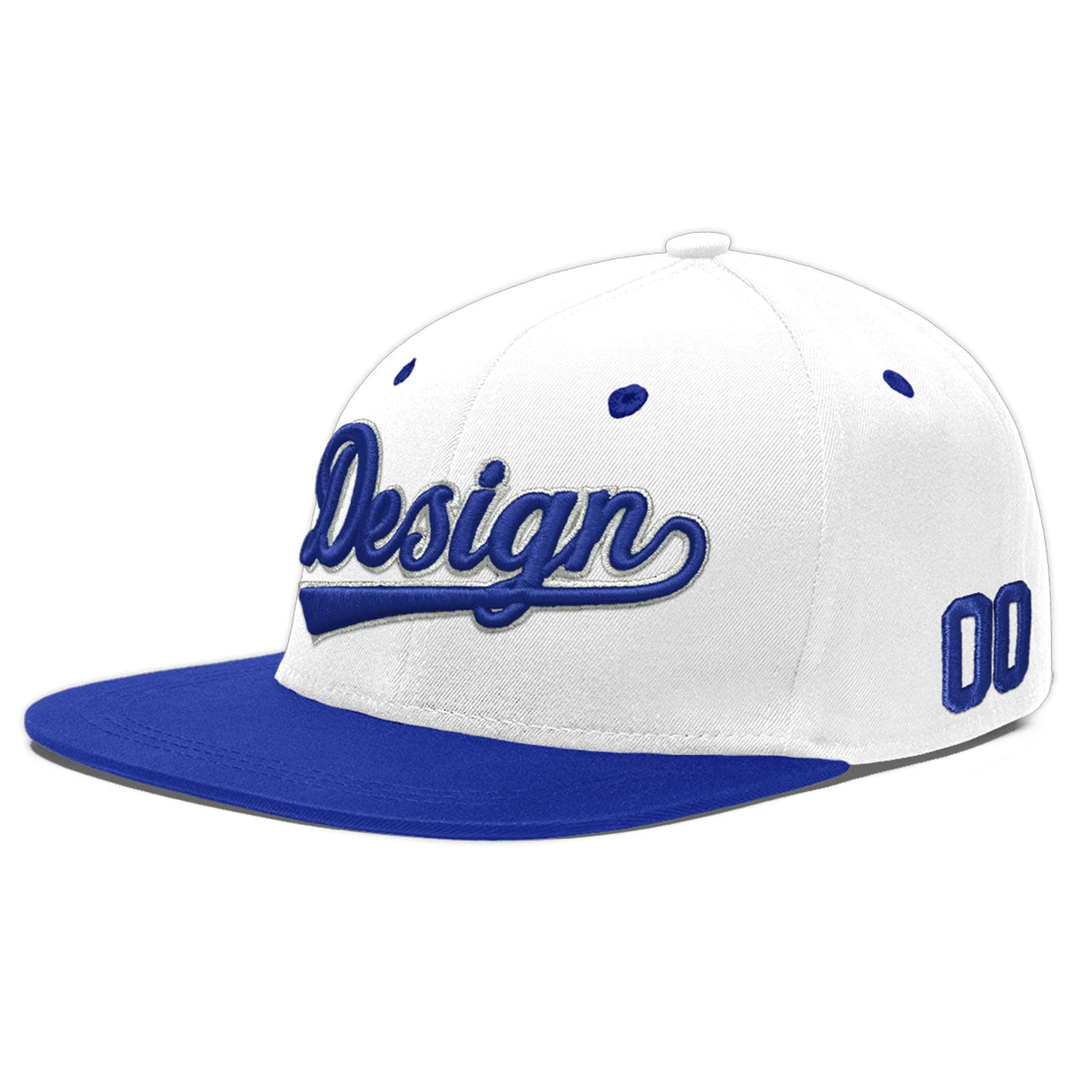 Custom White Royal Blue 150D Puff Embroidery Flat Embroidery Casual Sport Baseball Cap