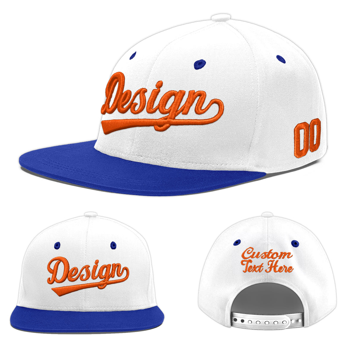 Custom White Royal Blue 156D Puff Embroidery Flat Embroidery Casual Sport Baseball Cap