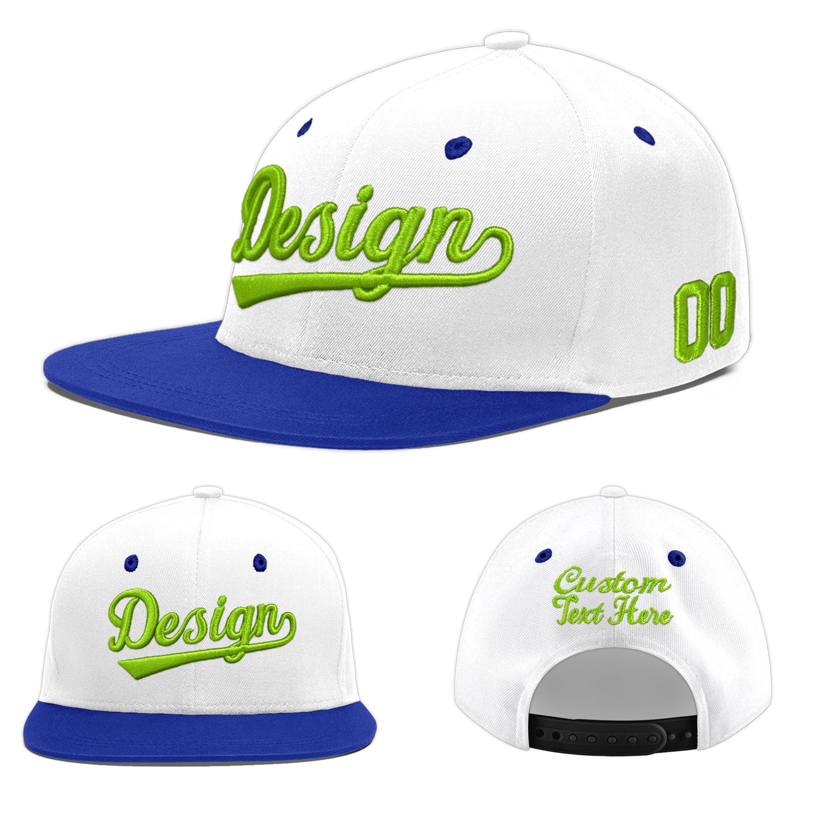 Custom White Royal Blue 124D Puff Embroidery Flat Embroidery Casual Sport Baseball Cap