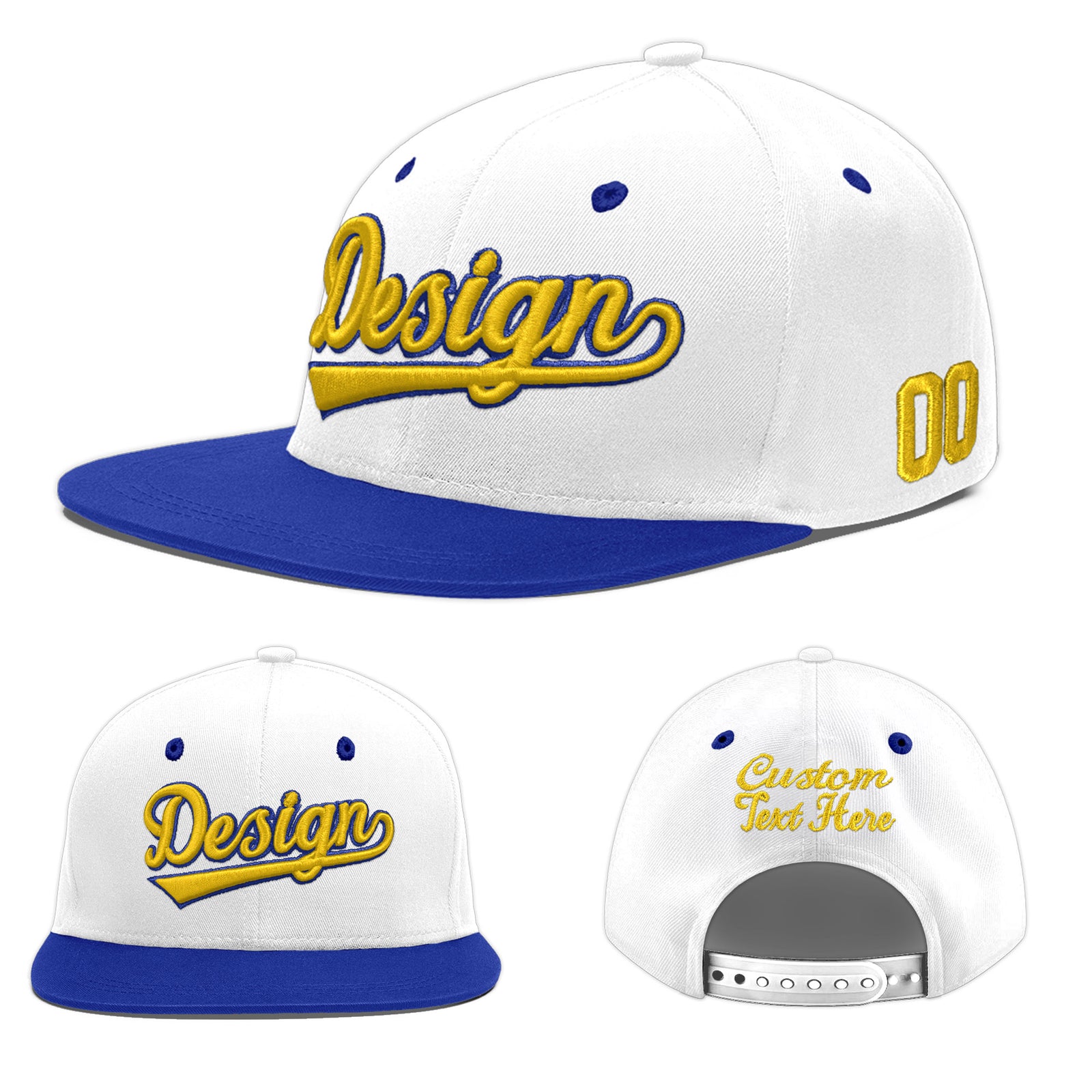 Custom White Royal Blue 140D Puff Embroidery Flat Embroidery Casual Sport Baseball Cap