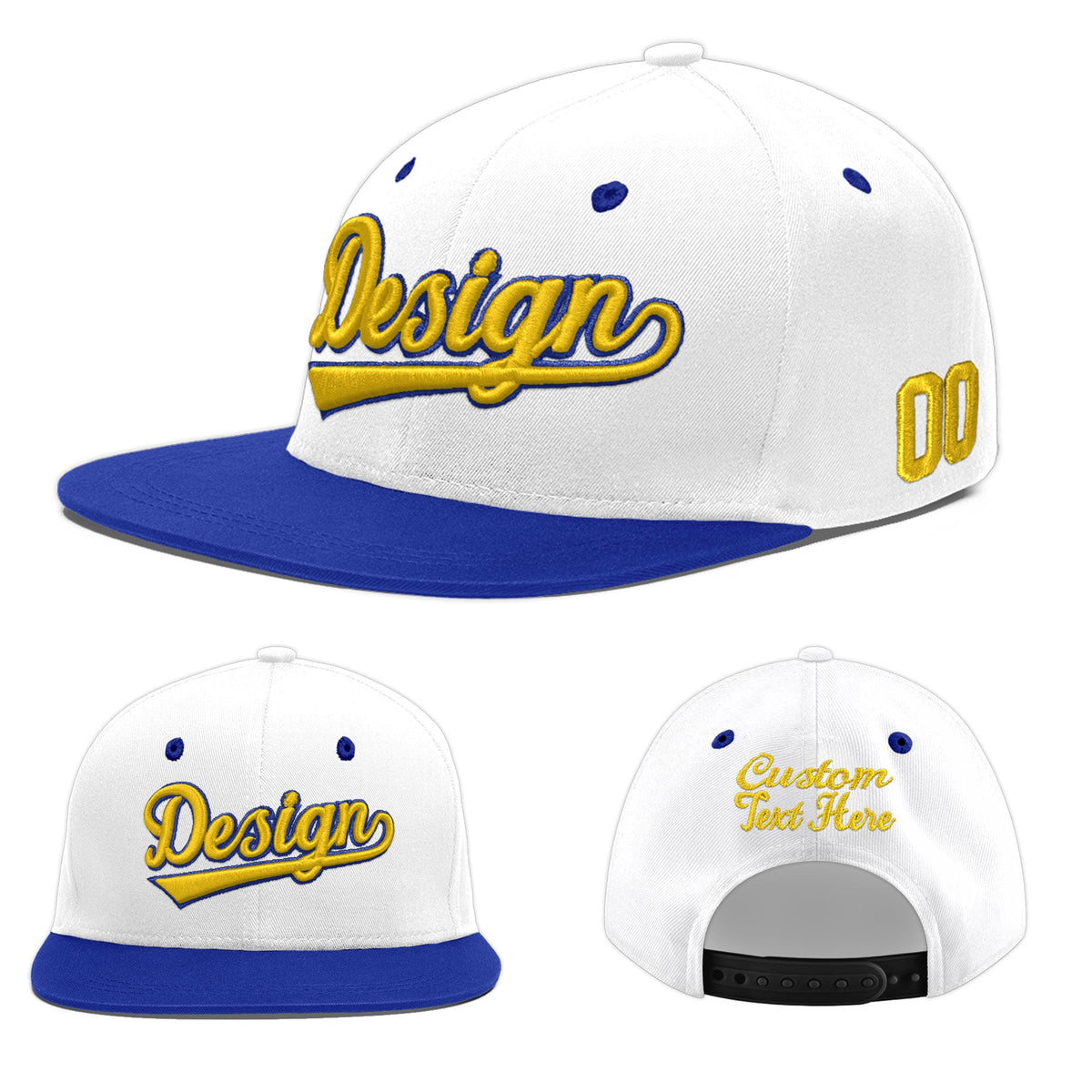 Custom White Royal Blue 140D Puff Embroidery Flat Embroidery Casual Sport Baseball Cap