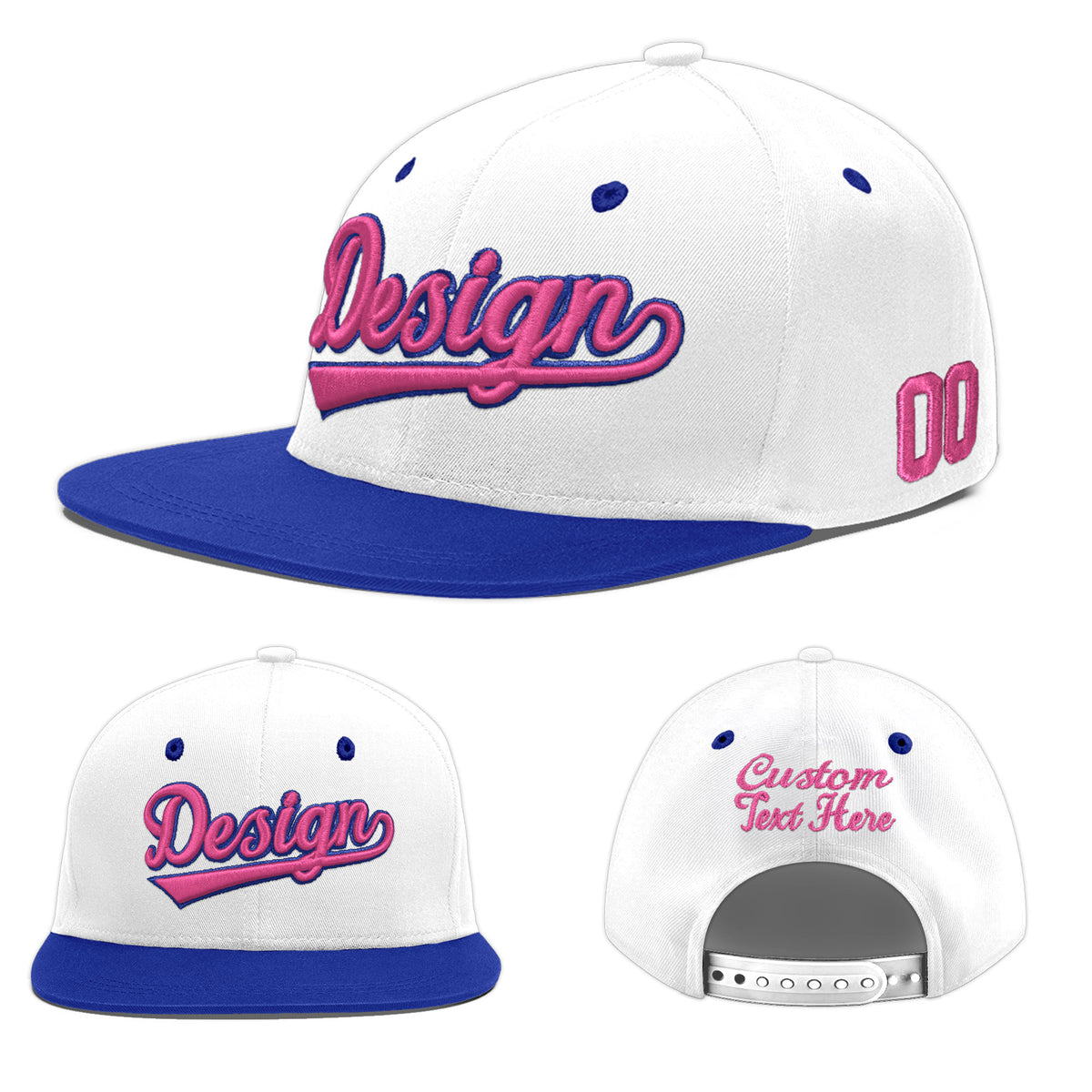 Custom White Royal Blue 148D Puff Embroidery Flat Embroidery Casual Sport Baseball Cap