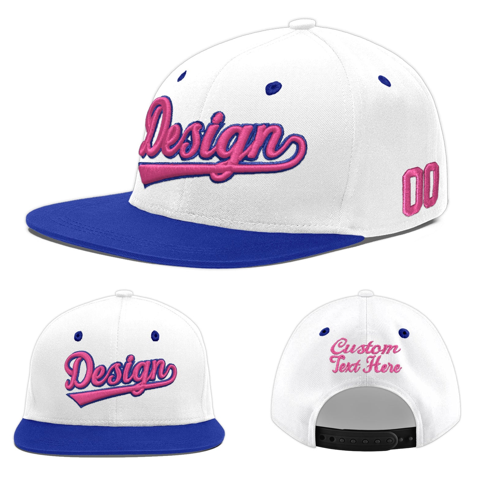 Custom White Royal Blue 148D Puff Embroidery Flat Embroidery Casual Sport Baseball Cap