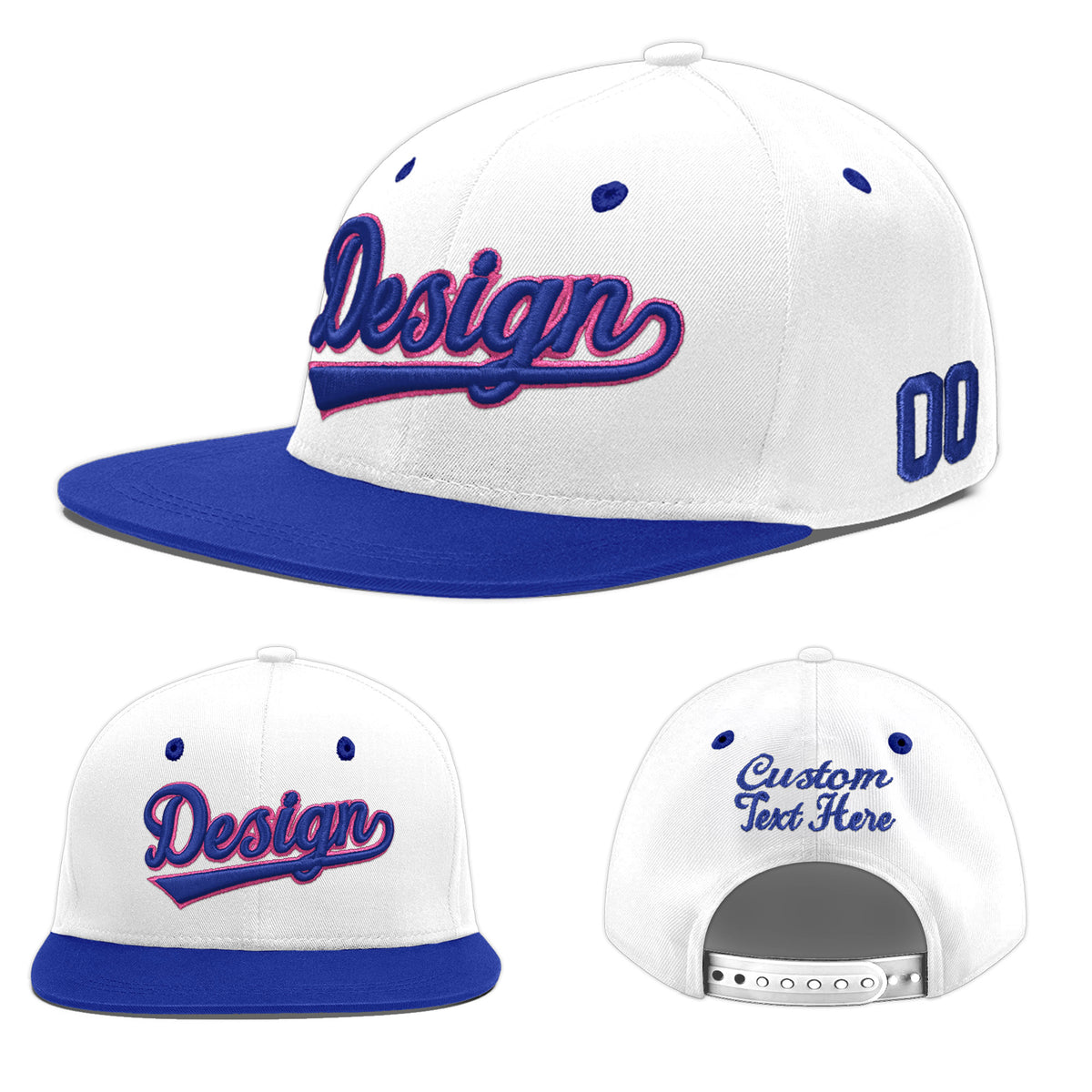 Custom White Royal Blue 156D Puff Embroidery Flat Embroidery Casual Sport Baseball Cap