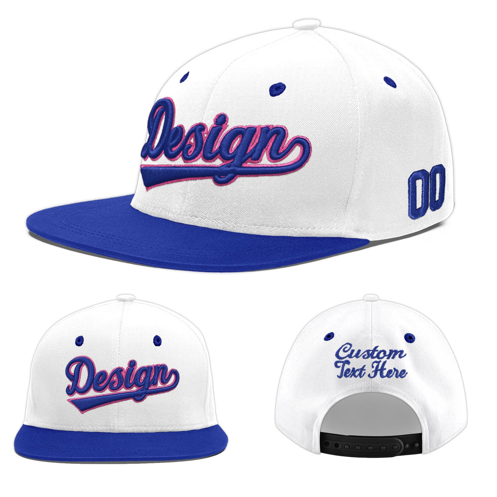 Custom White Royal Blue 156D Puff Embroidery Flat Embroidery Casual Sport Baseball Cap