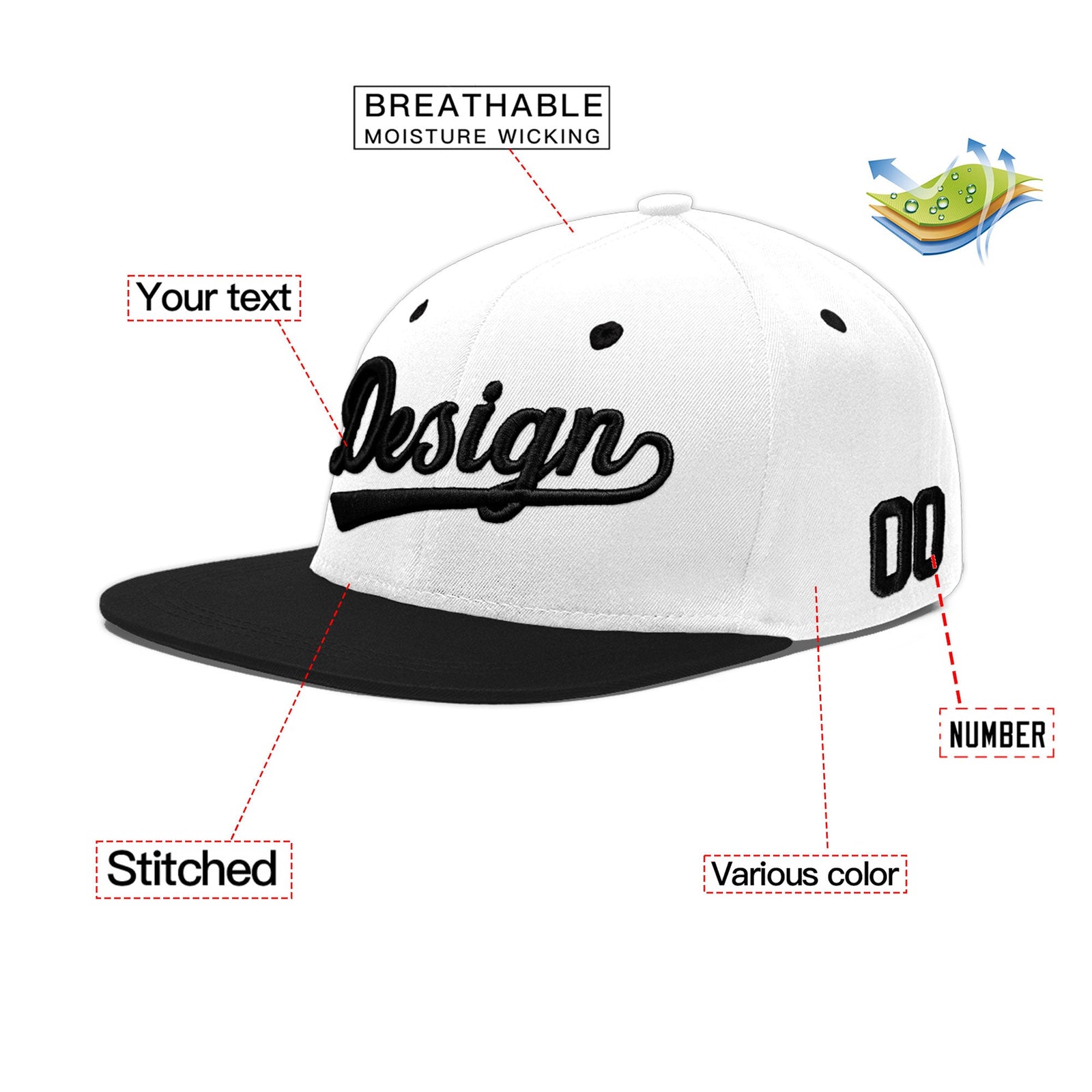 Custom White Black 3D Puff Embroidery Flat Embroidery Casual Sport Baseball Cap
