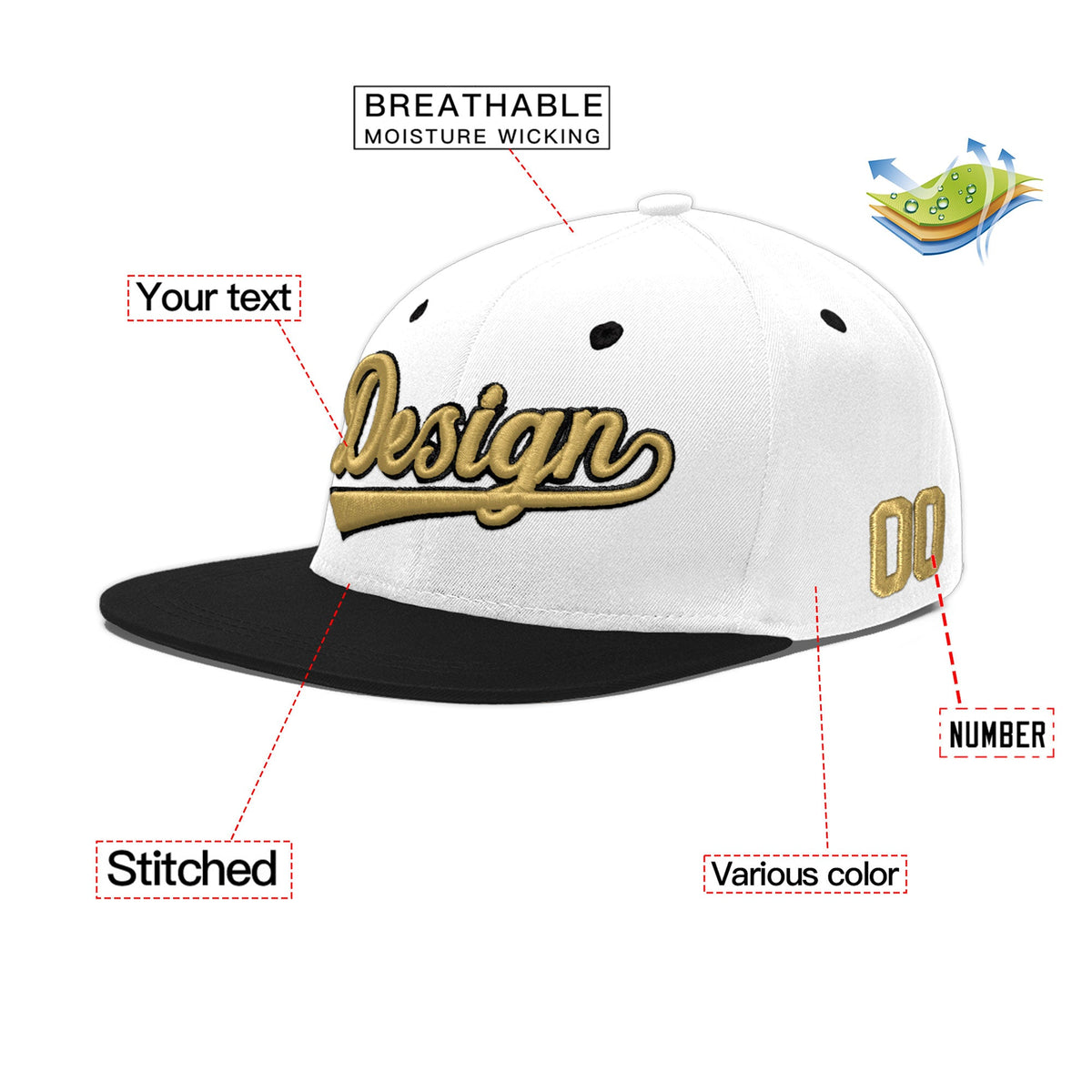 Custom White Black 3D Puff Embroidery Flat Embroidery Casual Sport Baseball Cap