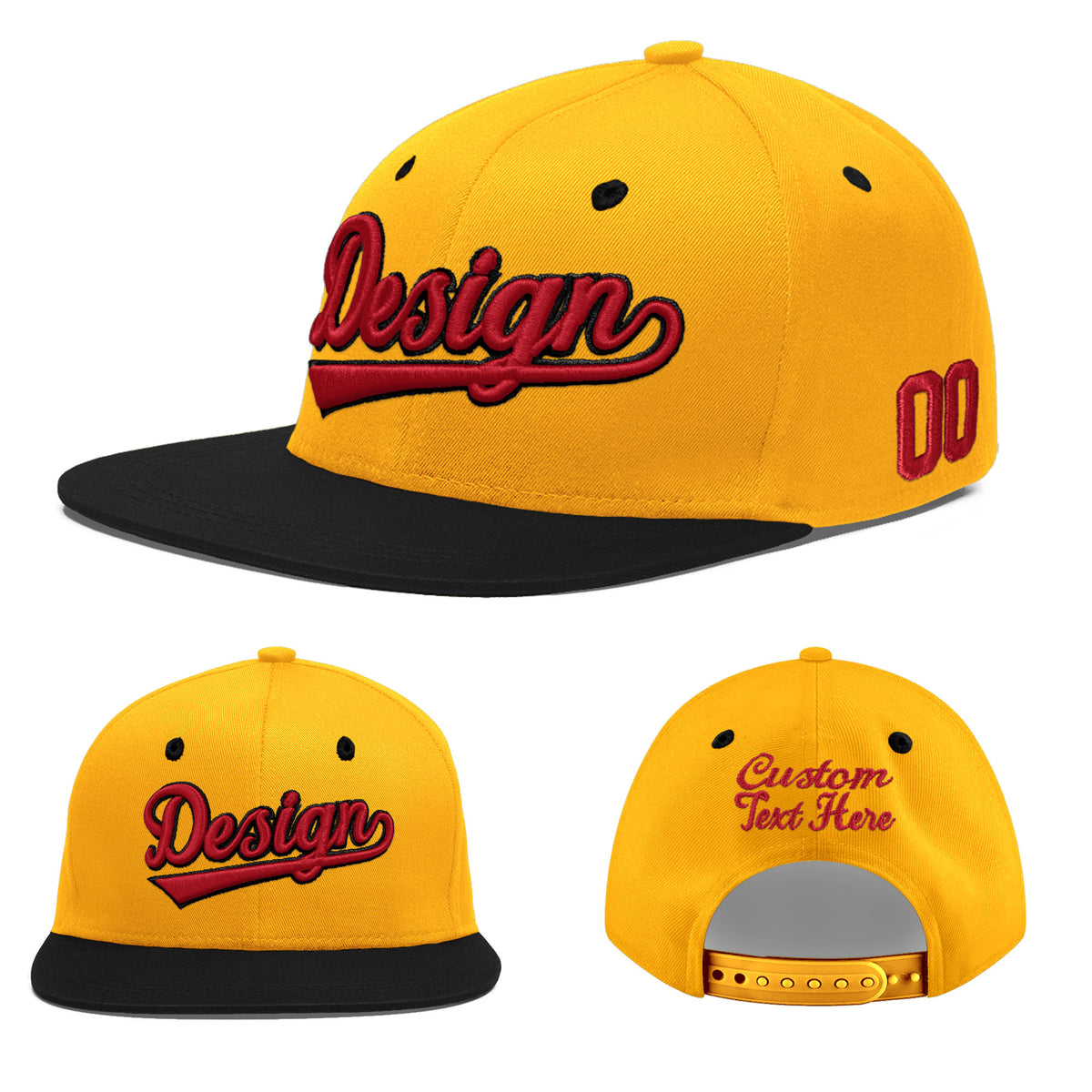 Custom Gold Black 100D Puff Embroidery Flat Embroidery Casual Sport Baseball Cap