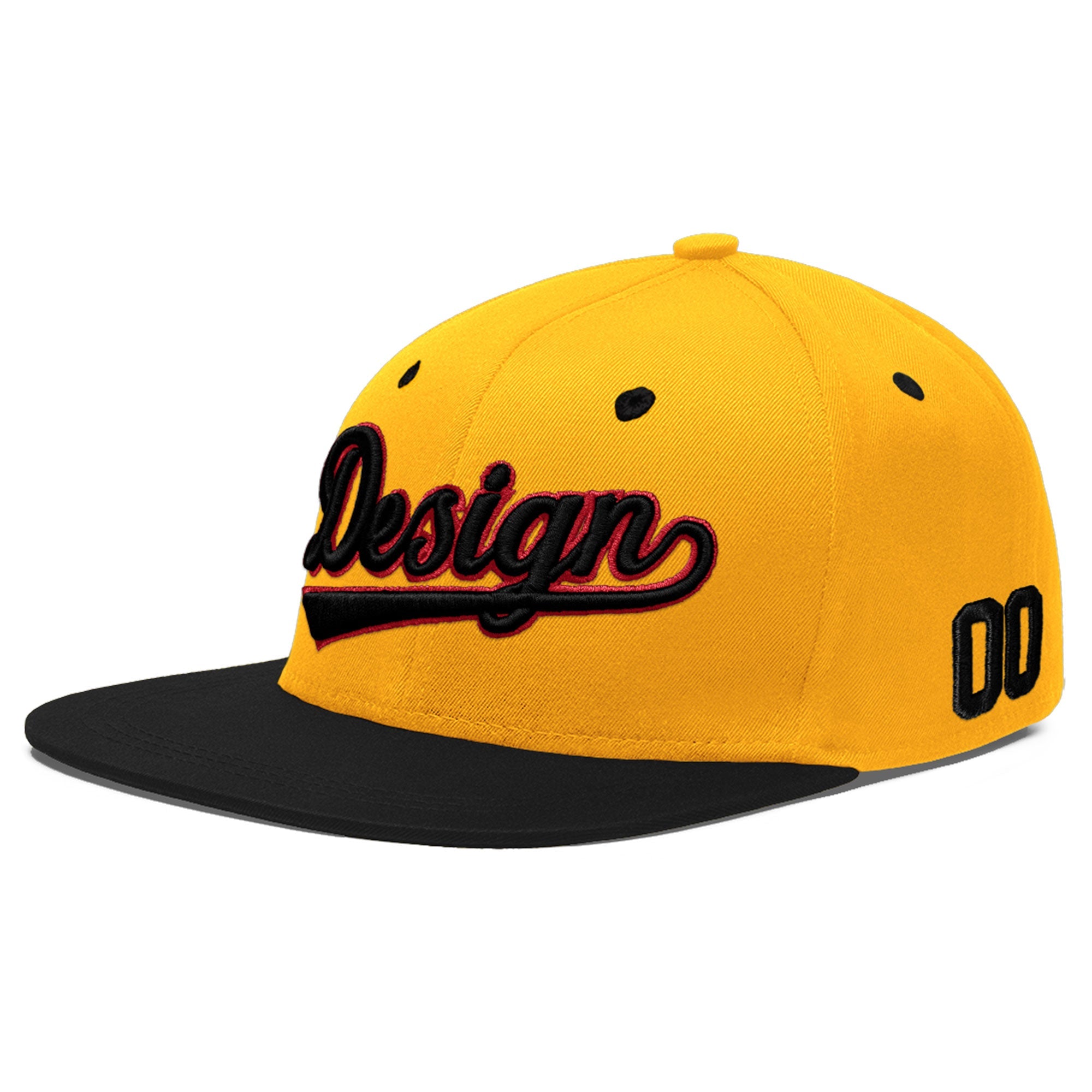 Custom Gold Black 110D Puff Embroidery Flat Embroidery Casual Sport Baseball Cap