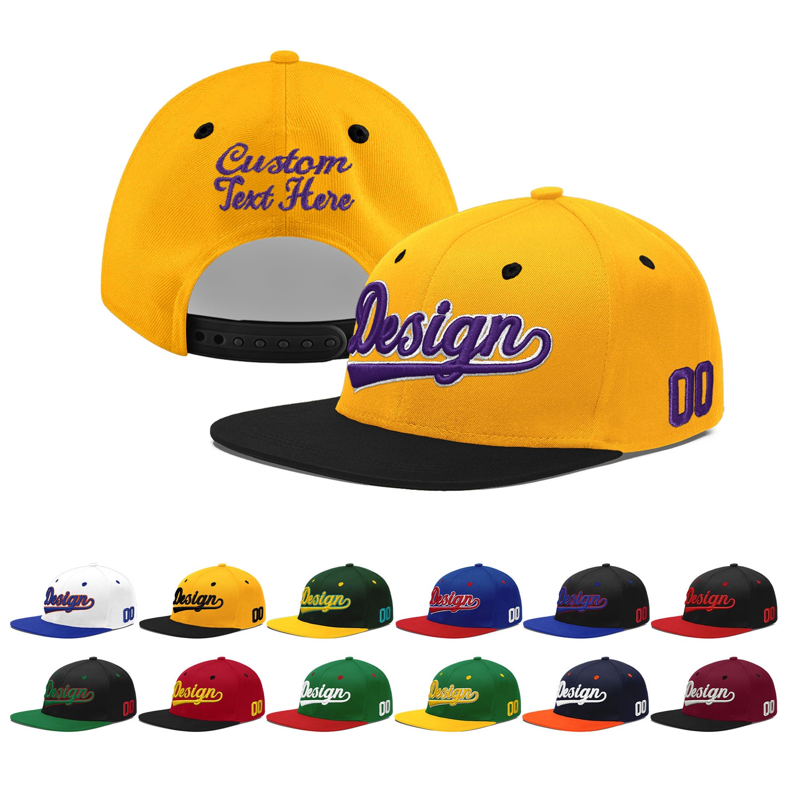 Custom Gold Black 115D Puff Embroidery Flat Embroidery Casual Sport Baseball Cap