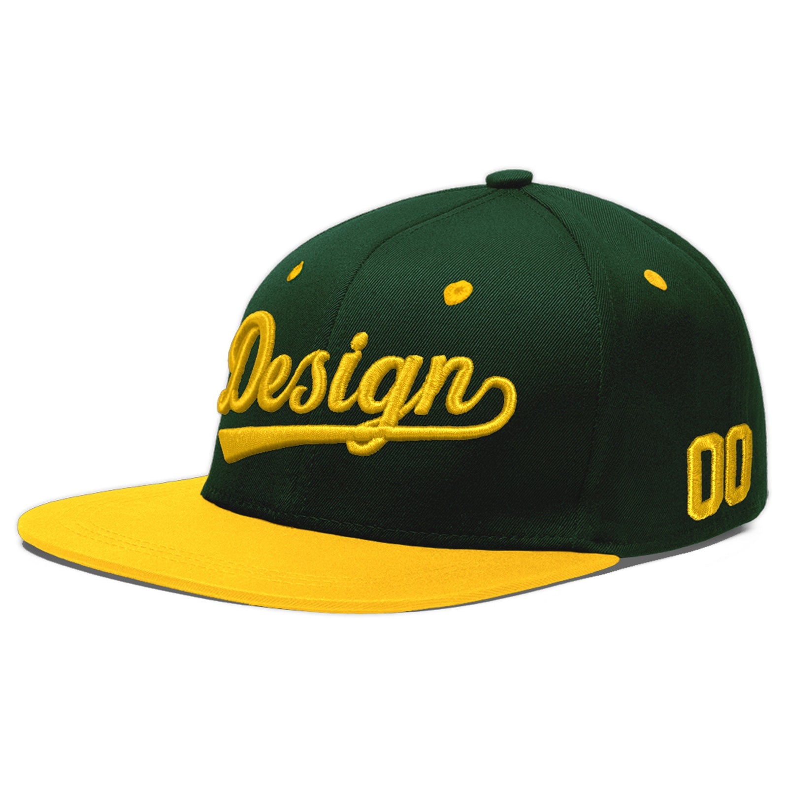Custom Green Gold 3D Puff Embroidery Flat Embroidery Casual Sport Baseball Cap
