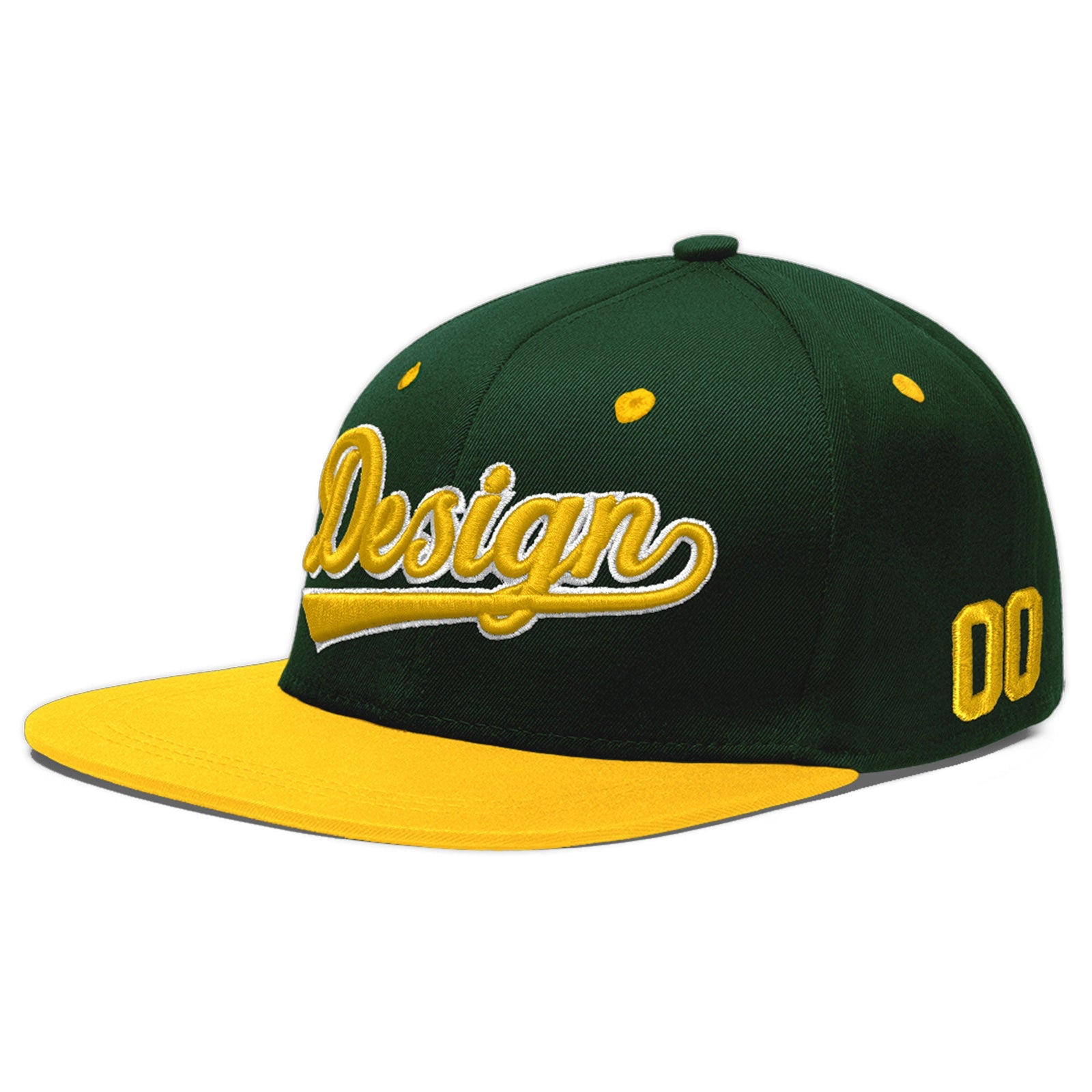 Custom Green Gold 3D Puff Embroidery Flat Embroidery Casual Sport Baseball Cap