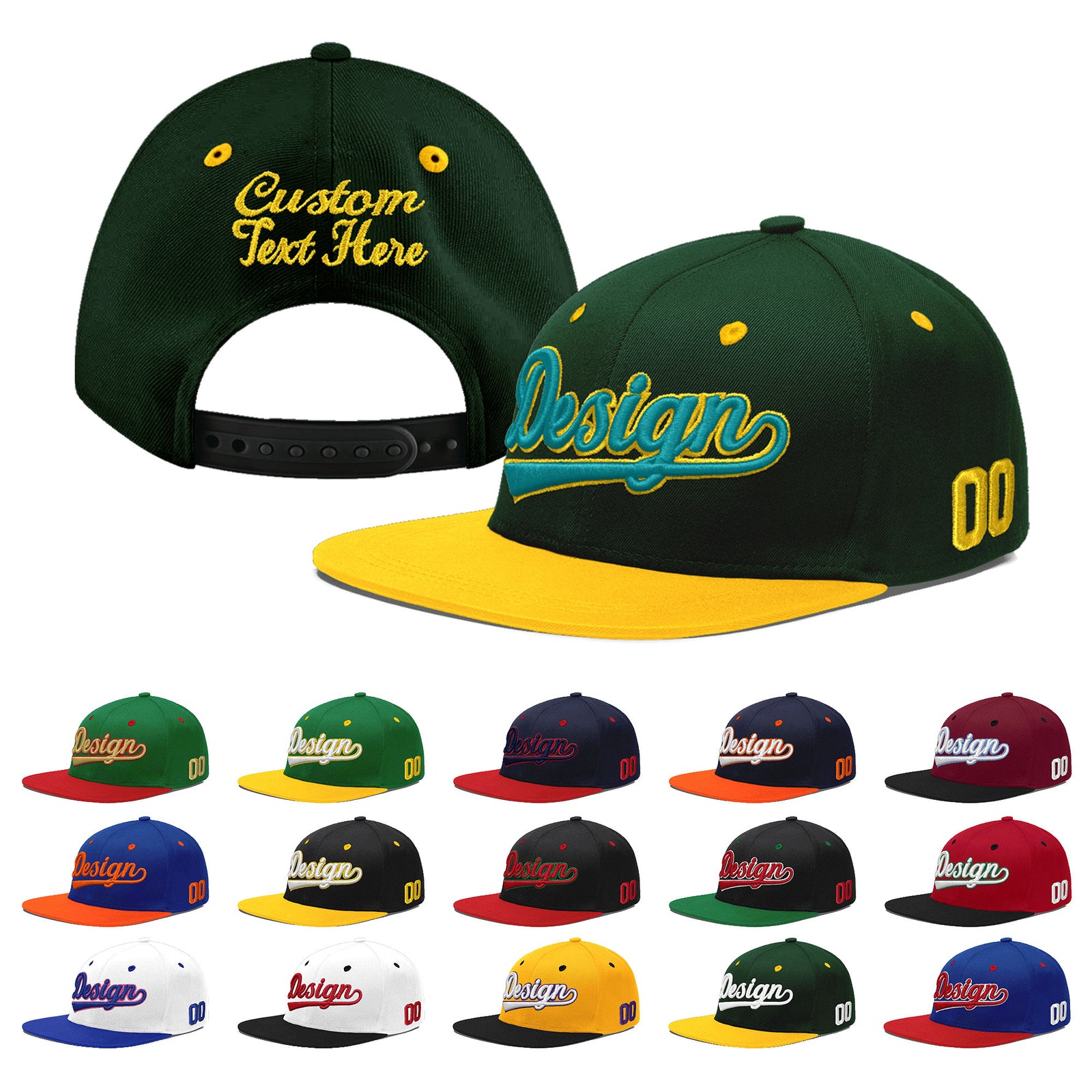 Custom Green Gold 3D Puff Embroidery Flat Embroidery Casual Sport Baseball Cap