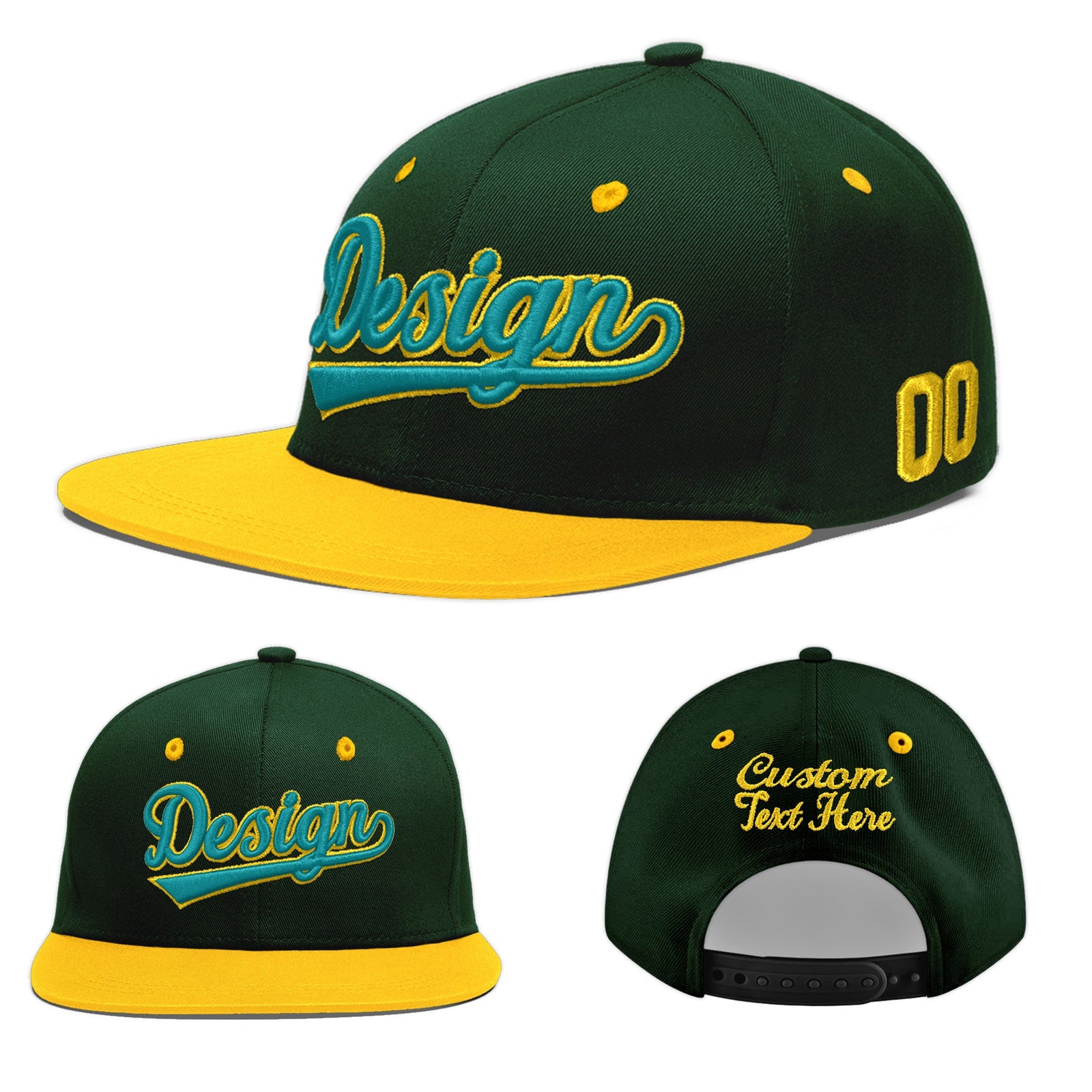 Custom Green Gold 3D Puff Embroidery Flat Embroidery Casual Sport Baseball Cap