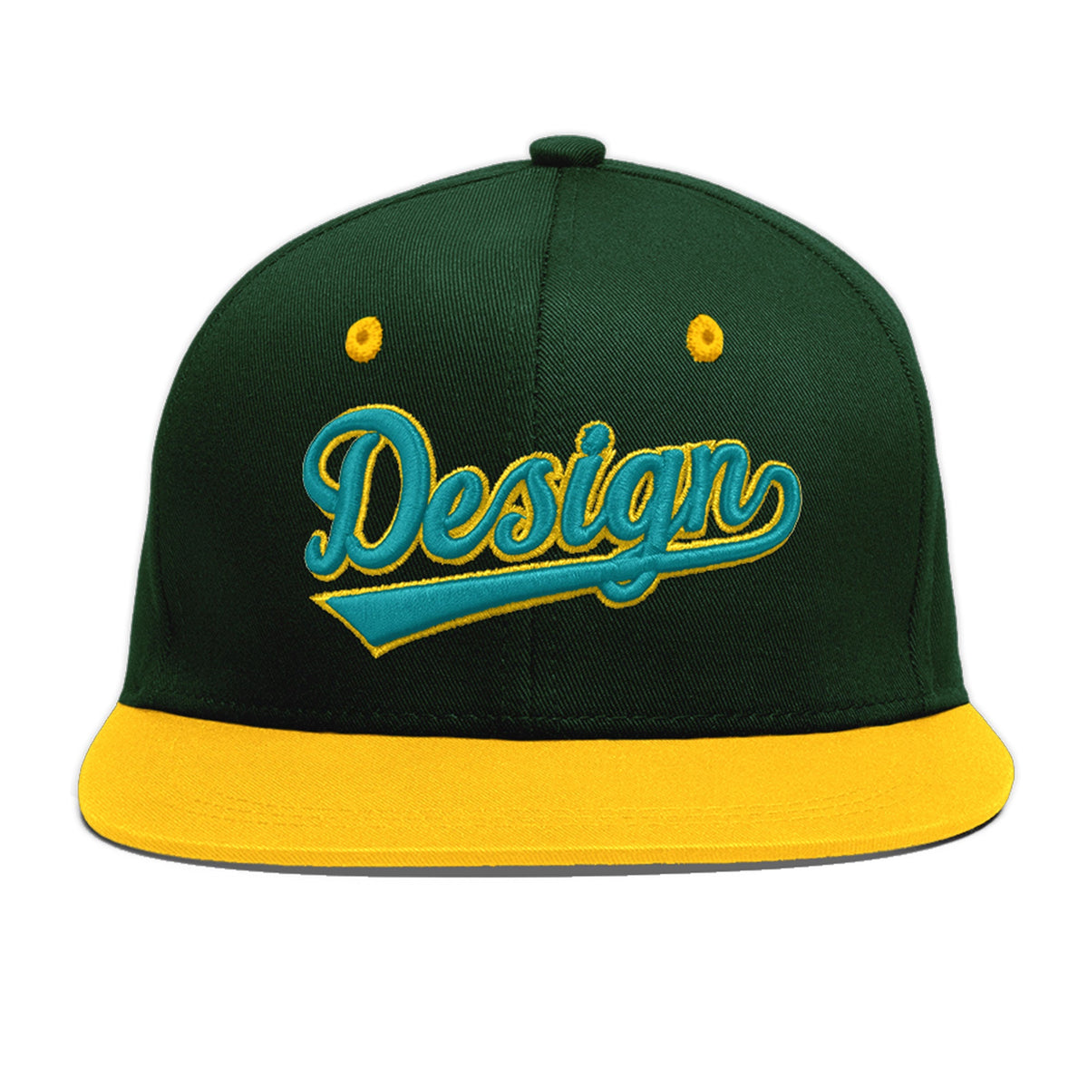 Custom Green Gold 3D Puff Embroidery Flat Embroidery Casual Sport Baseball Cap