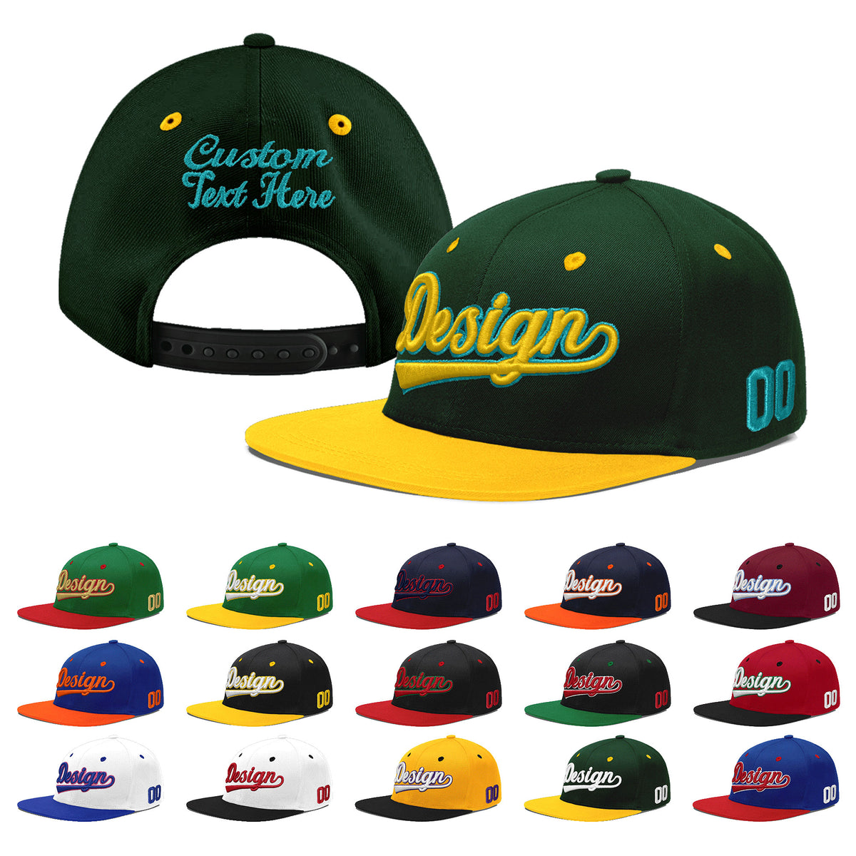 Custom Green Gold 3D Puff Embroidery Flat Embroidery Casual Sport Baseball Cap