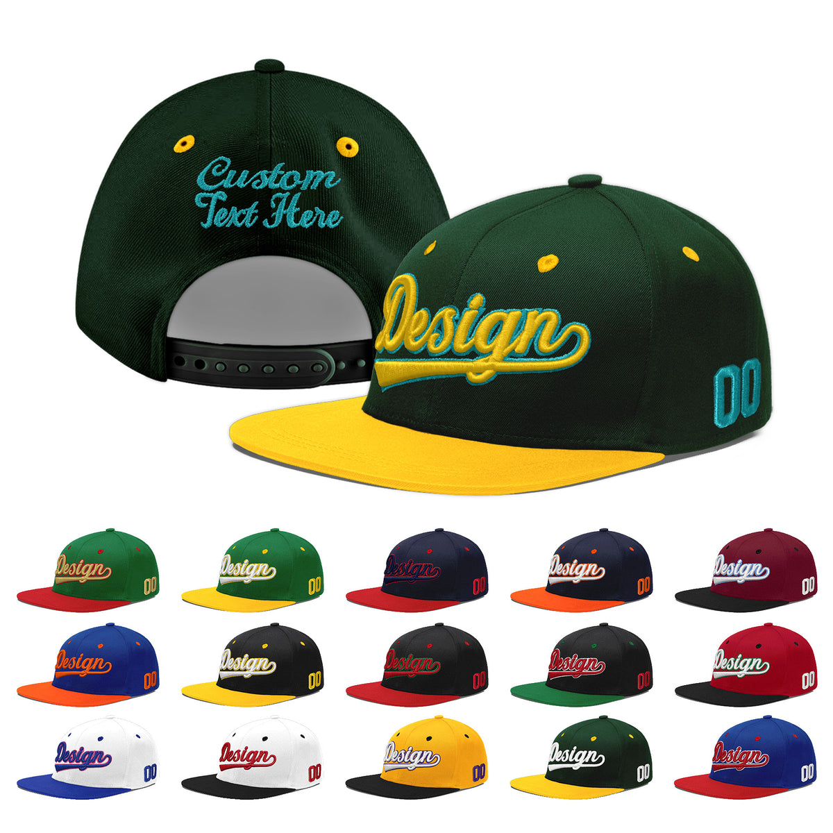 Custom Green Gold 3D Puff Embroidery Flat Embroidery Casual Sport Baseball Cap